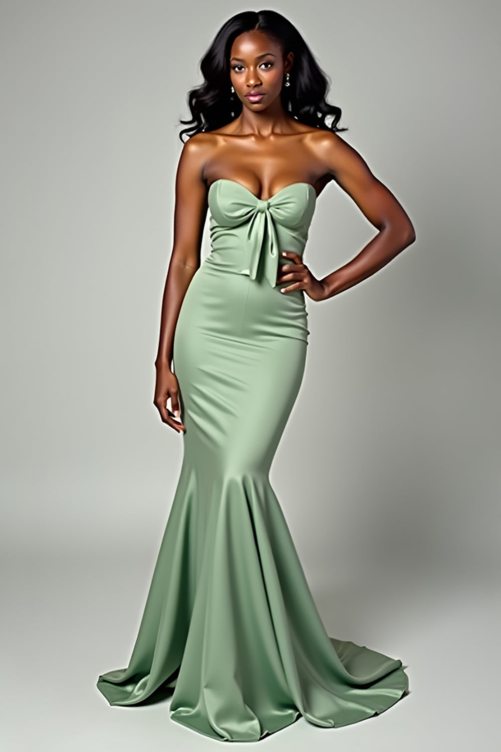 Strapless Bow Dusty Sage Mermaid Long Prom Dress