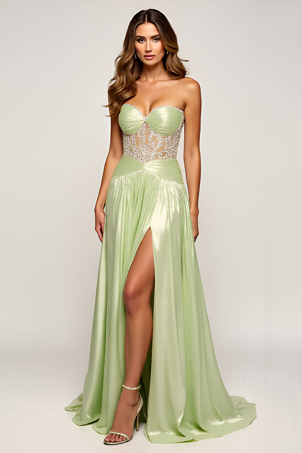 A Line Long Sage Strapless Prom Dress with Slit