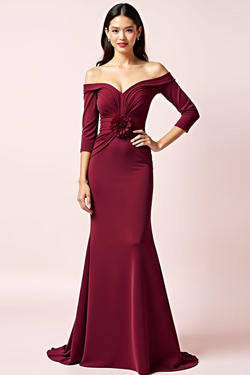 Burgundy Off the Shoulder Long Sleeves Ruched Formal Dress