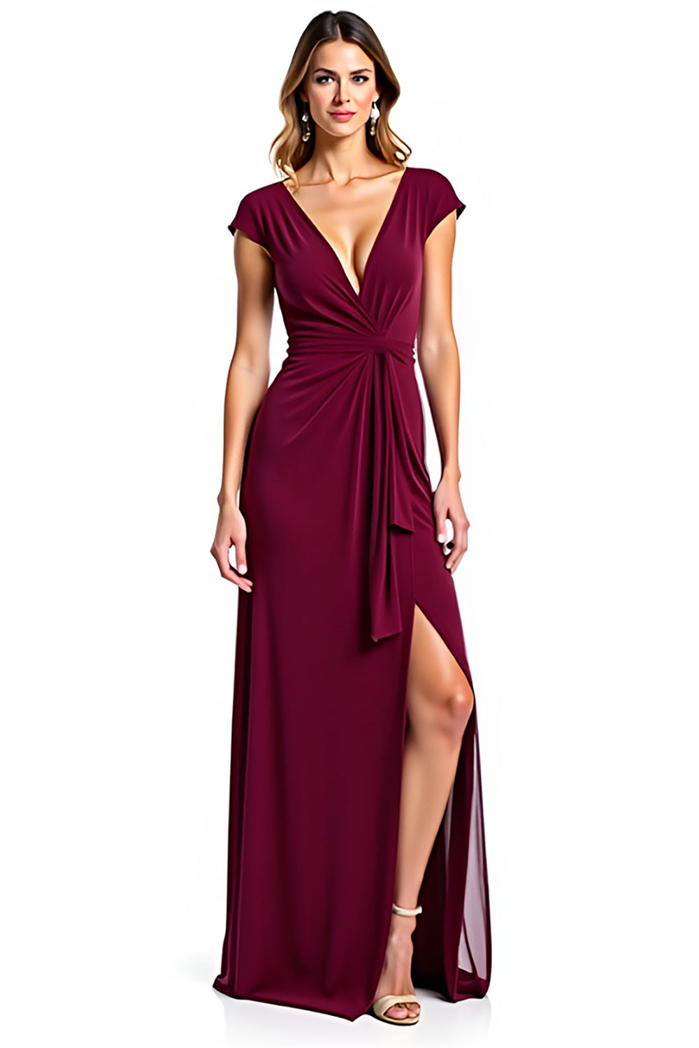 Burgundy V-Neck Ruched Long  Formal Dress with Slit
