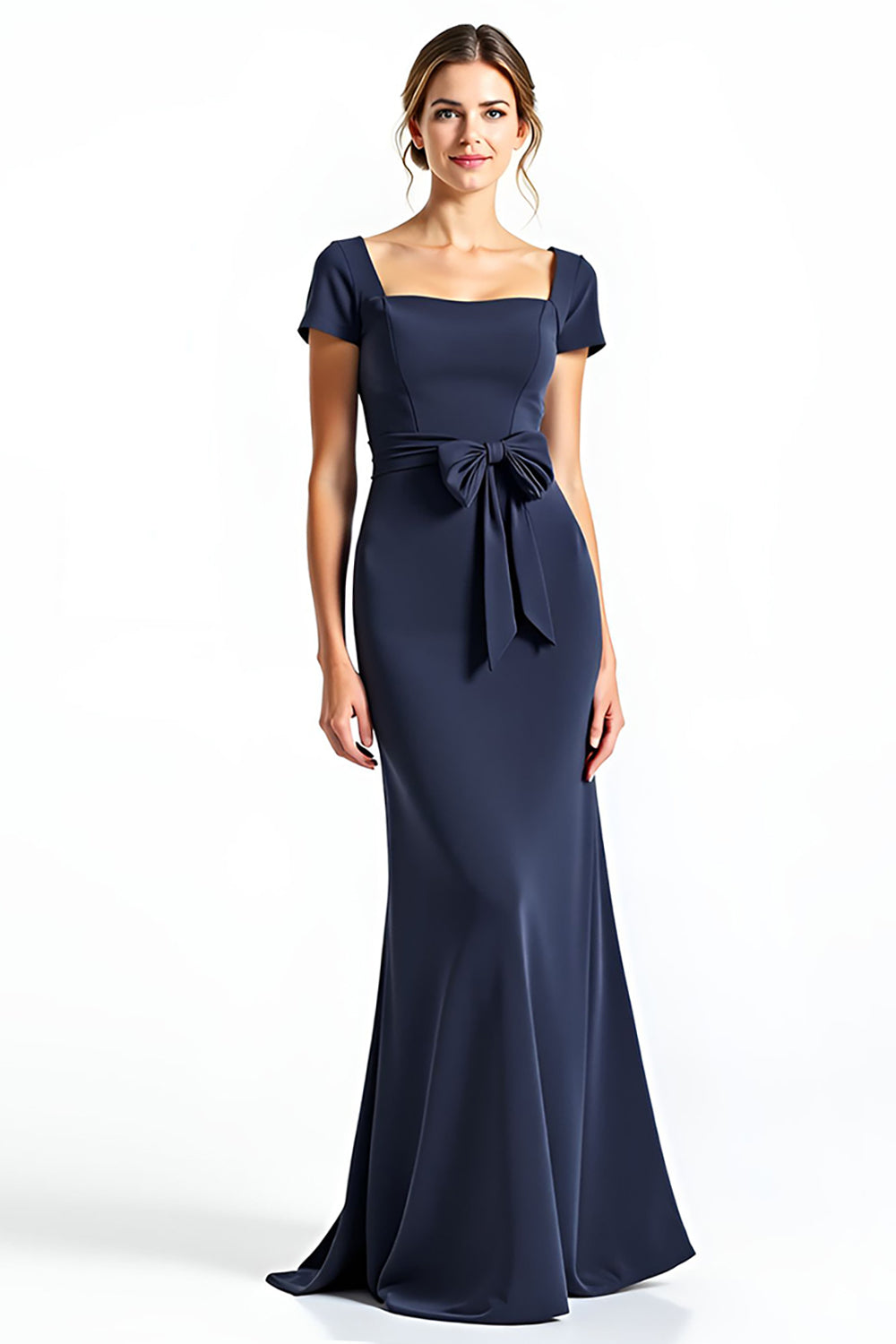 Navy Square Neck Long Formal Dress with Bowknot