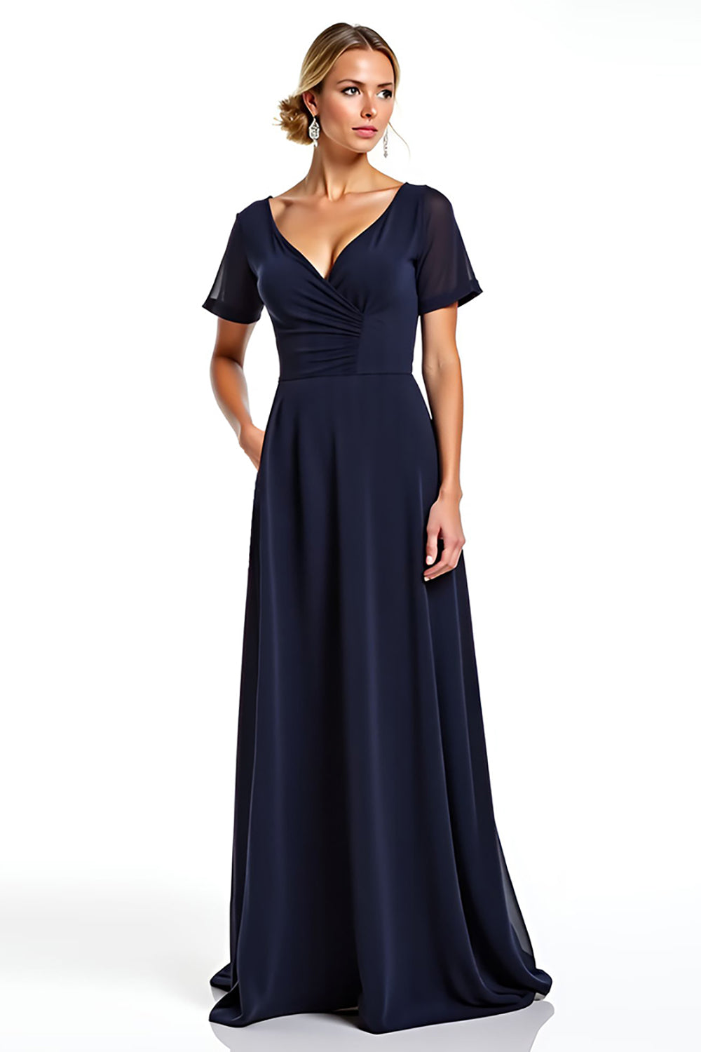 Navy V-Neck Long Chiffon Formal Dress