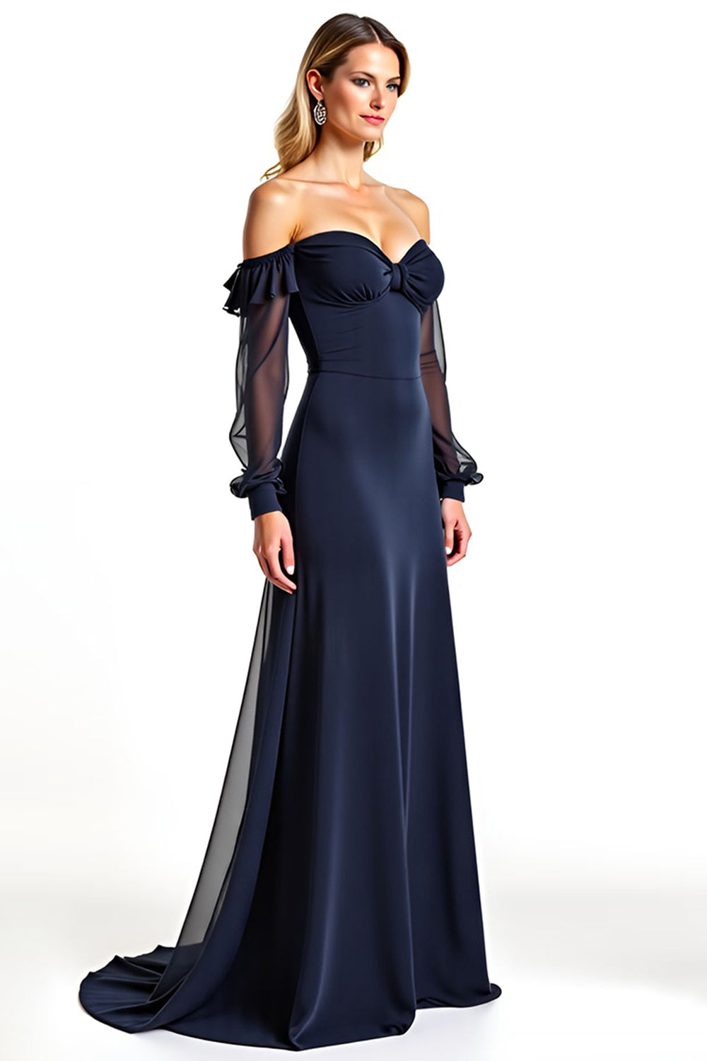 Navy Sweetheart Long Sheer Sleeves Formal Dress with Ruffles