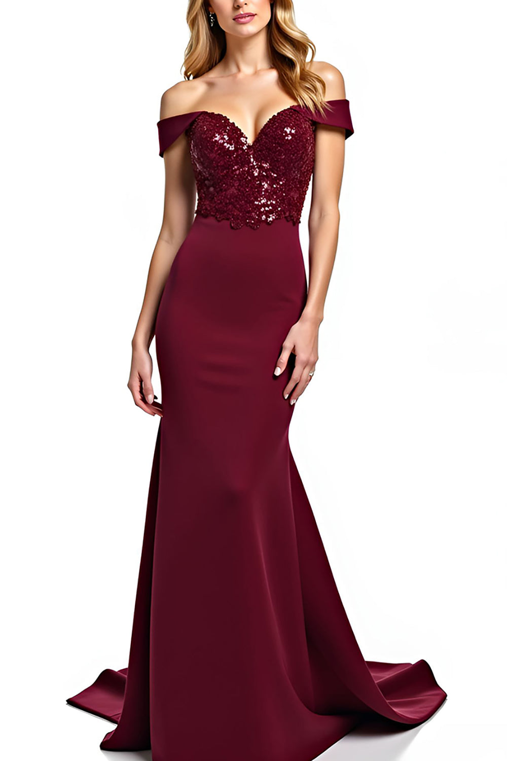 Burgundy Mermaid Off the Shoulder Long Formal Dress with Sequins