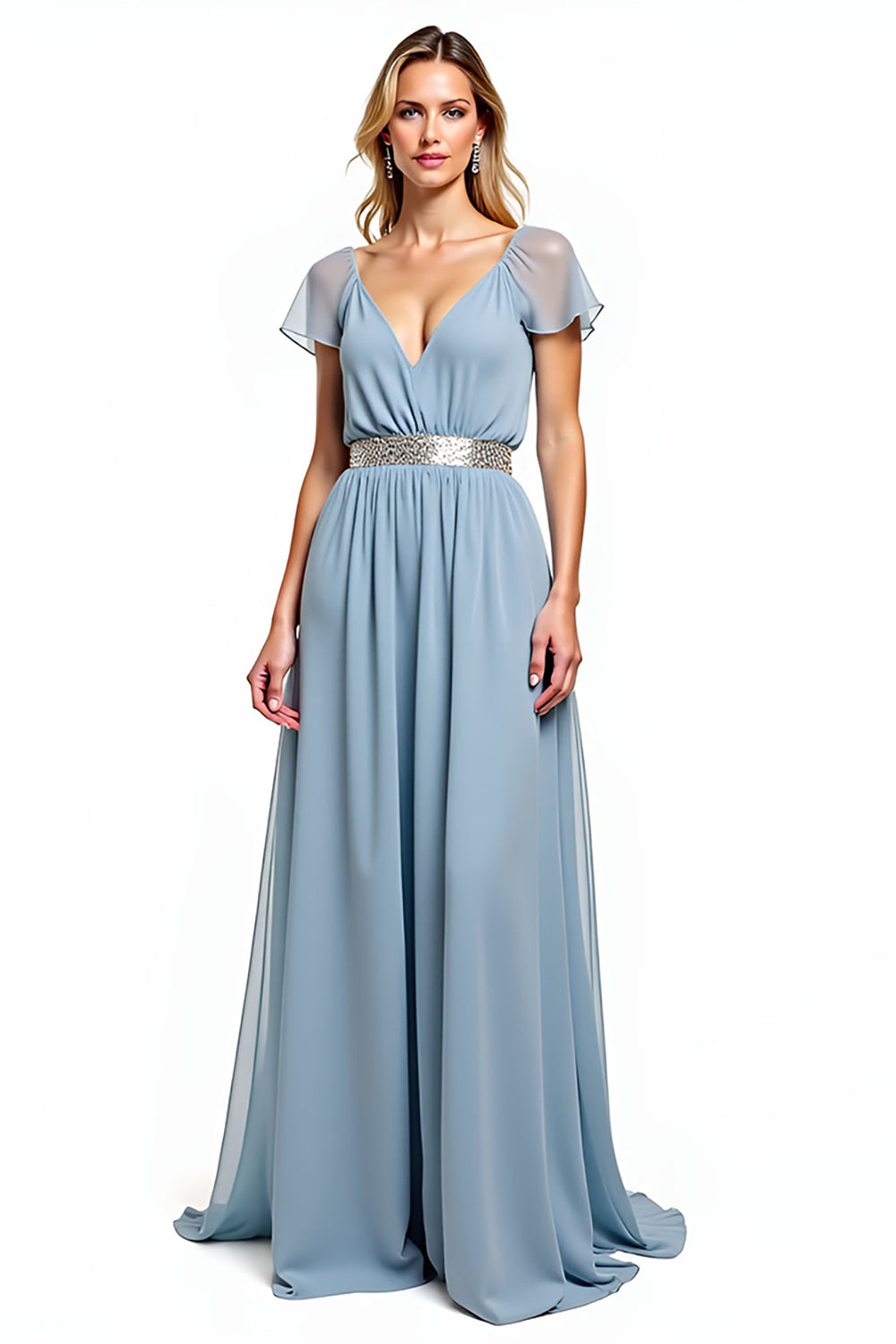 A Line V-Neck Dusty Blue Long Wedding Guest Dress with Short Sleeves