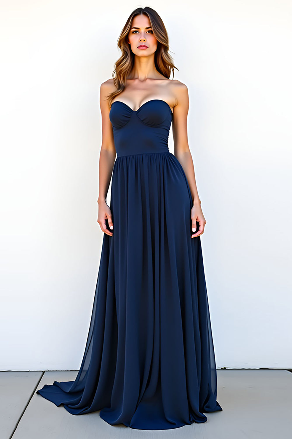 A Line Sweetheart Navy Ruched Long Wedding Guest Dress