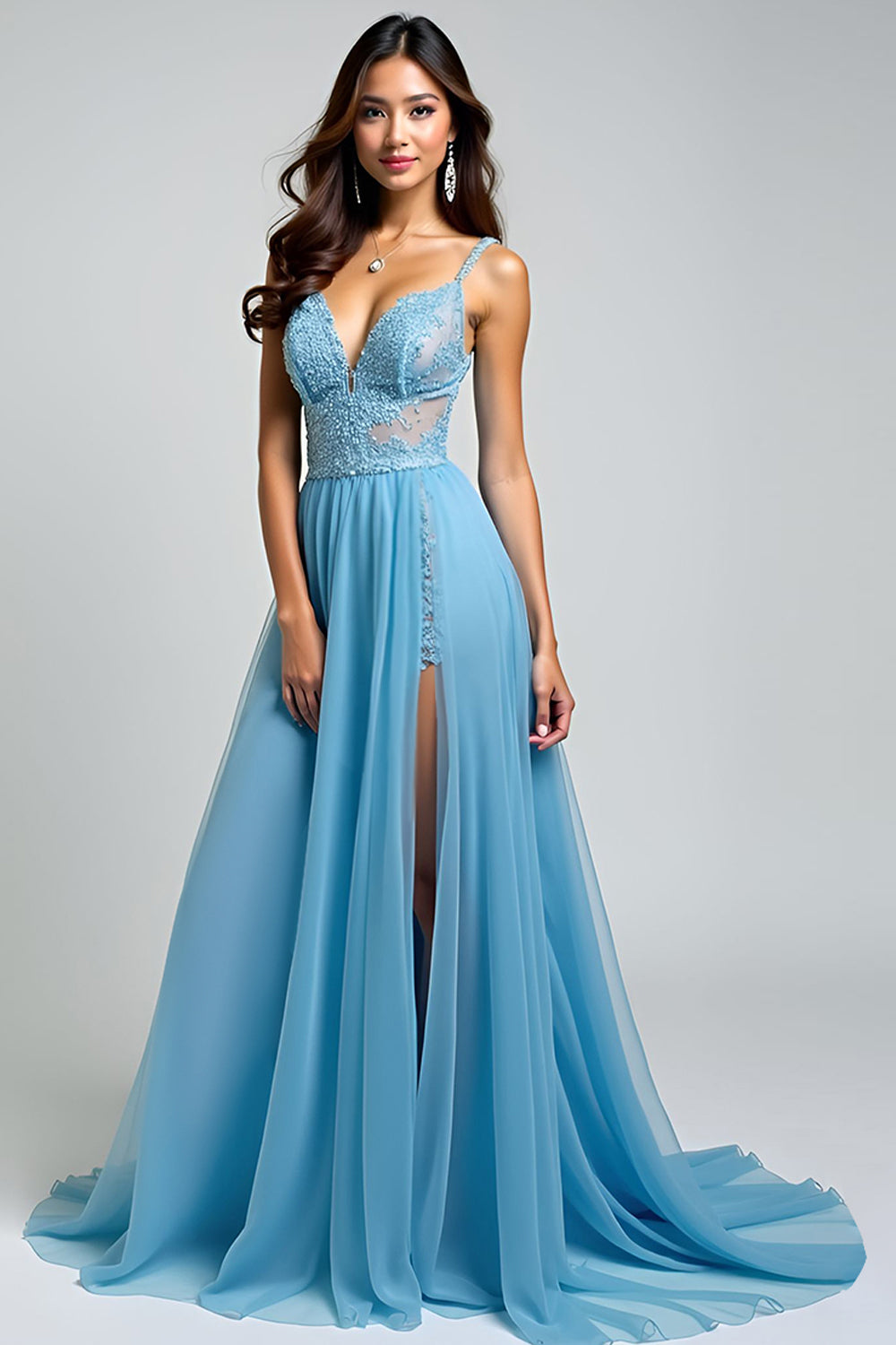 Light Blue V-Neck A Line Appliqued Long Prom Dress with Slit