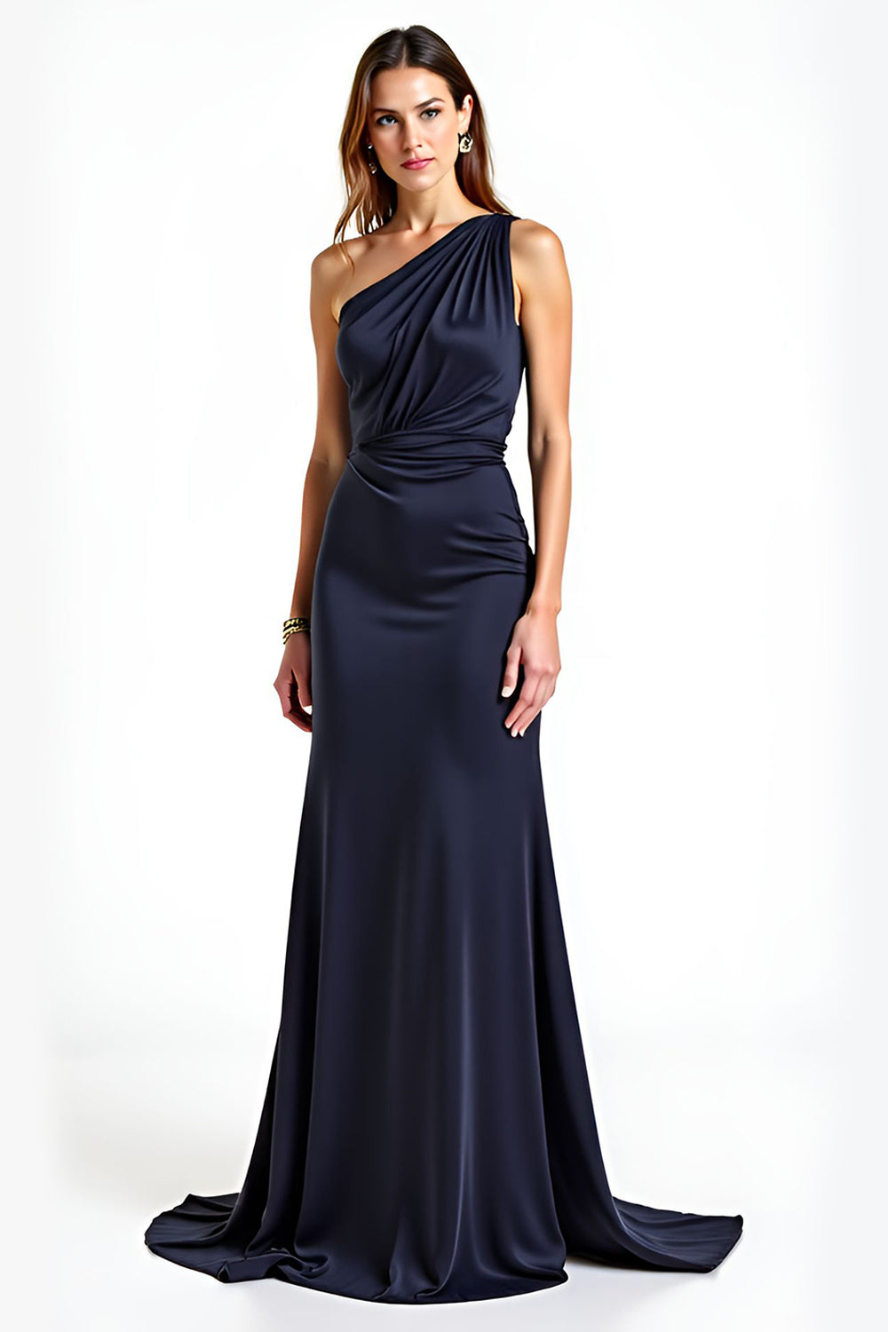 One Shoulder Sheath Navy Long Formal Dress