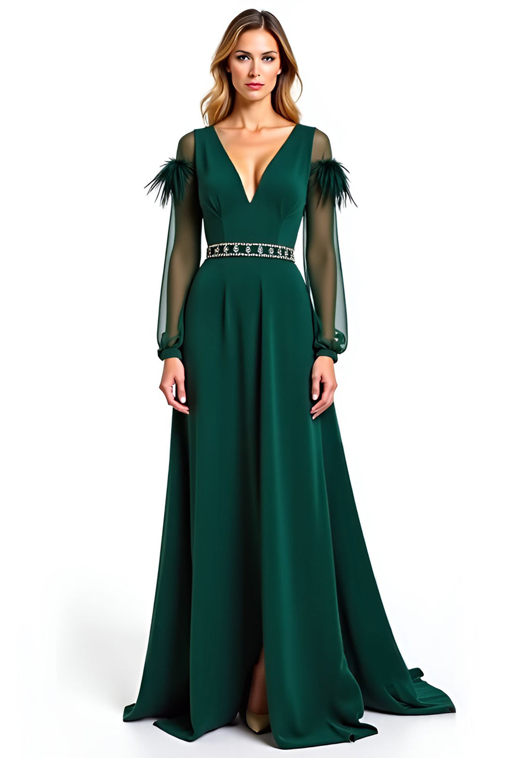 A Line Pine V-Neck Long Formal Dress with Feather