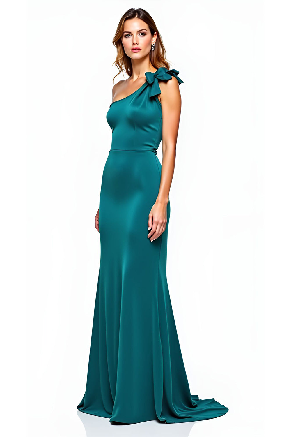 One Shoulder Peacock Long Formal Dress with Bow