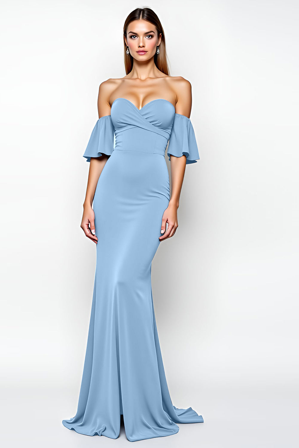 Ruffled Sheath Dusty Blue Long Formal Dress