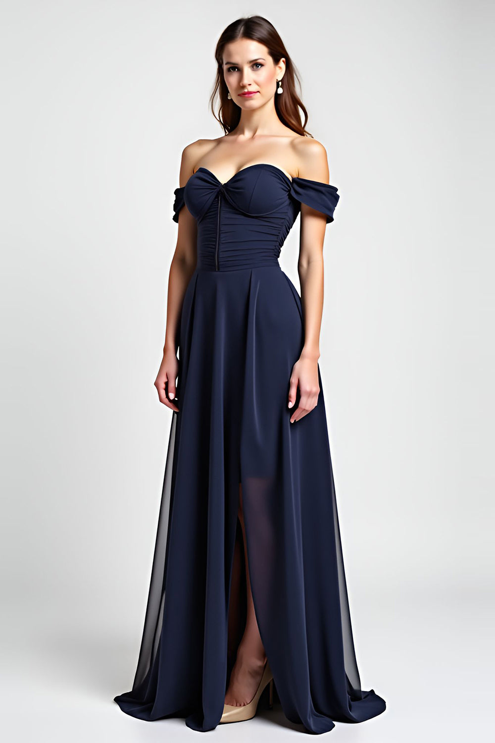 A Line Chiffon Navy Long Wedding Guest Dress