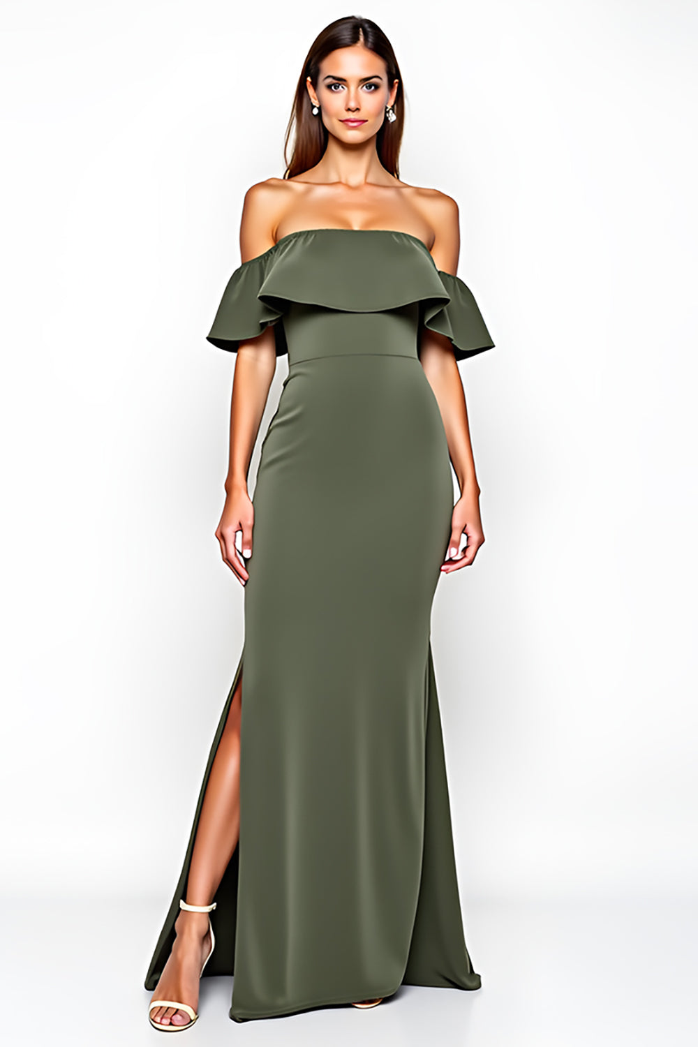 Off the Shoulder Olive Sheath Long Wedding Guest Dress with Slit