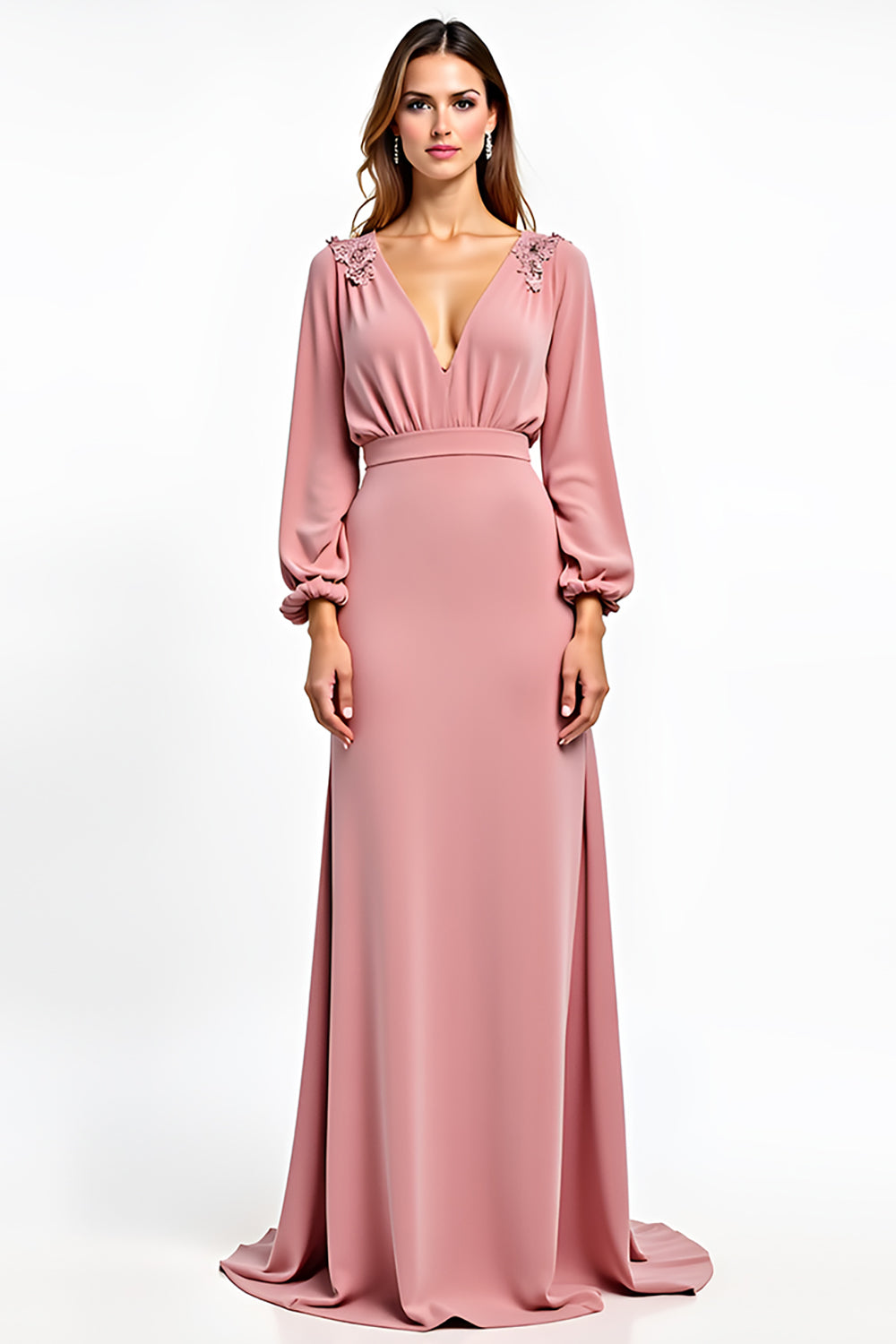 Deep V-Neck Dusty Rose Wedding Guest Dress with Long Sleeves