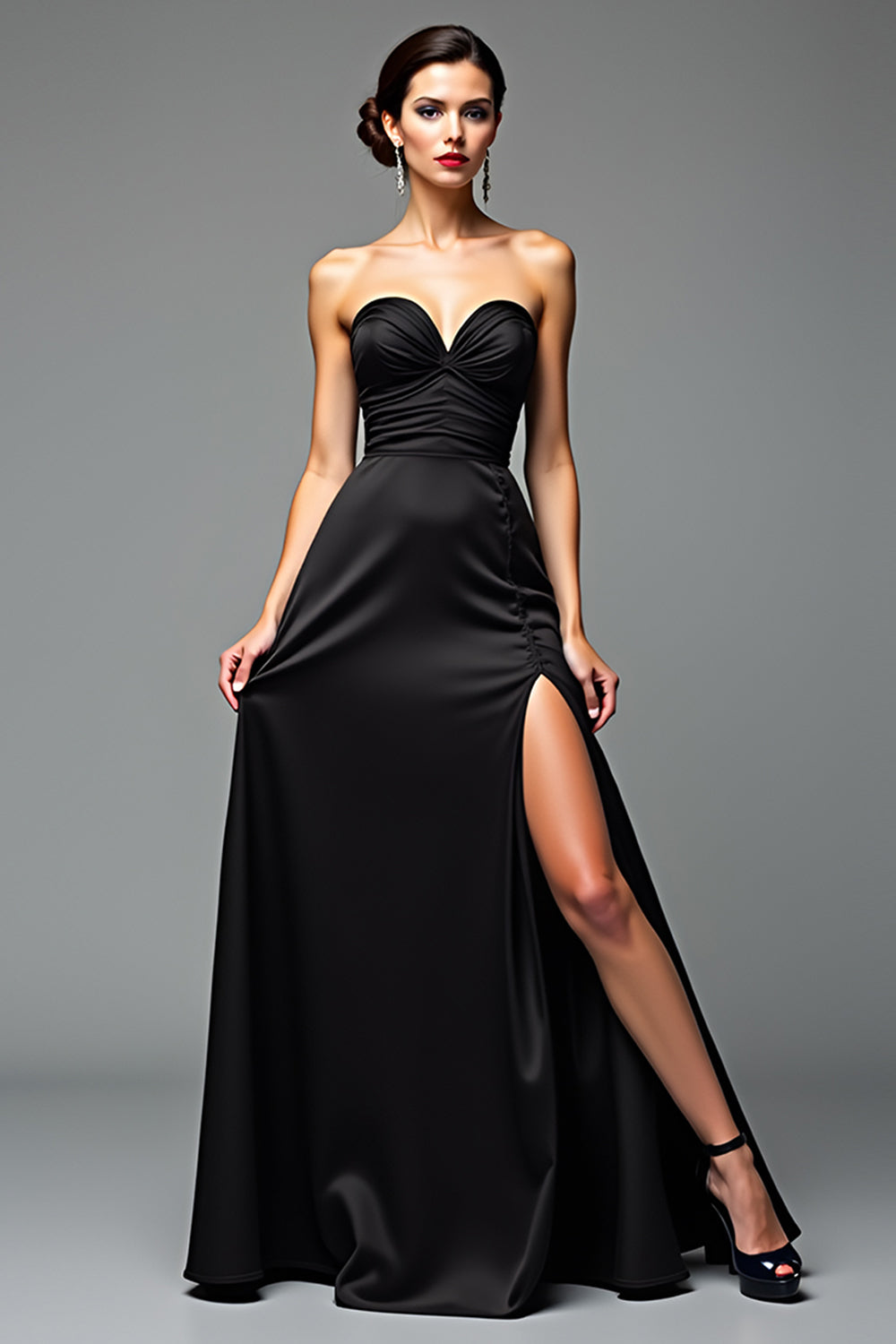 A Line Black Sweetheart Satin Long Graduation Dress with Slit