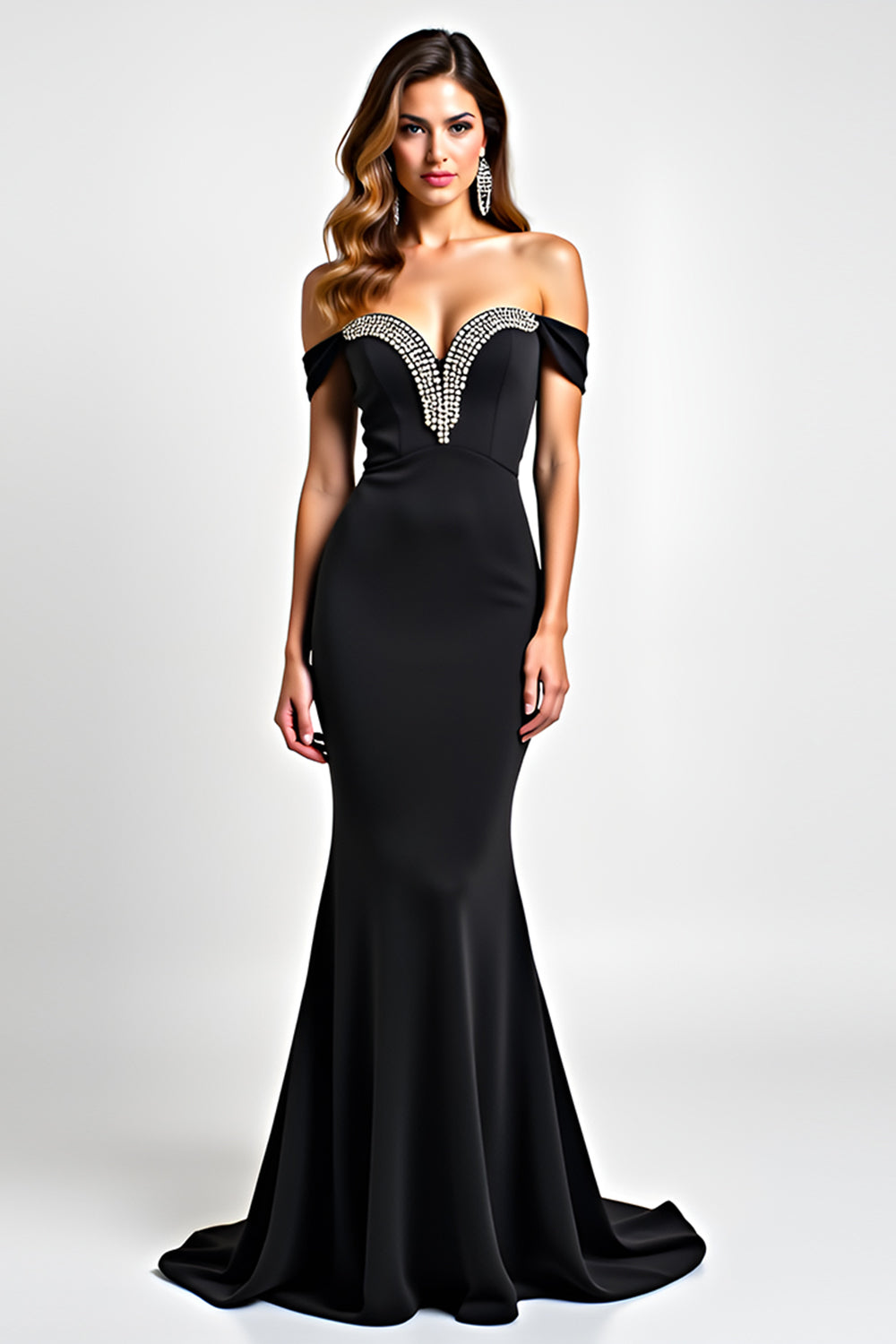 Off the Shoulder Black Mermaid Long Graduation Dress with Beading