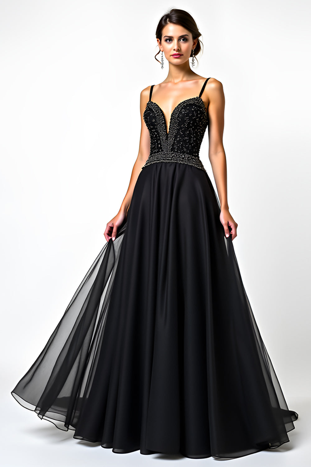 A Line Black Spaghetti Straps Long Graduation Dress with Beading
