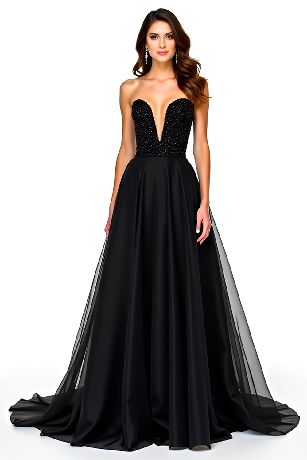 Tulle Black A Line Deep V-Neck Long Graduation Dress