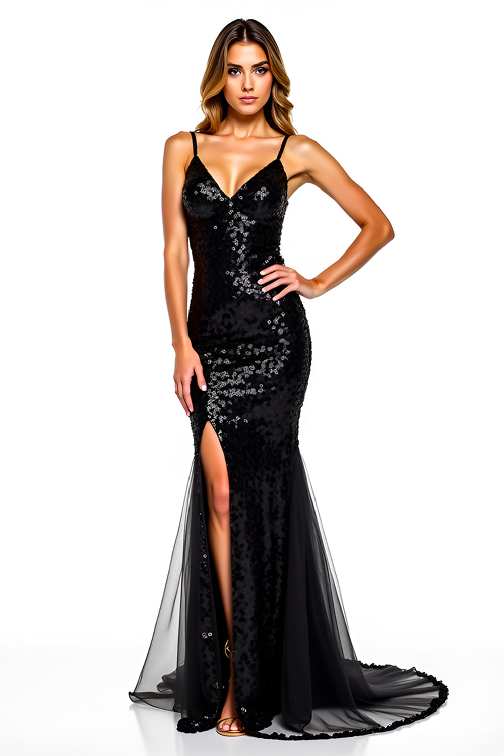 Sparkly Black Sequins Sheath Long Graduation Dress with Slit
