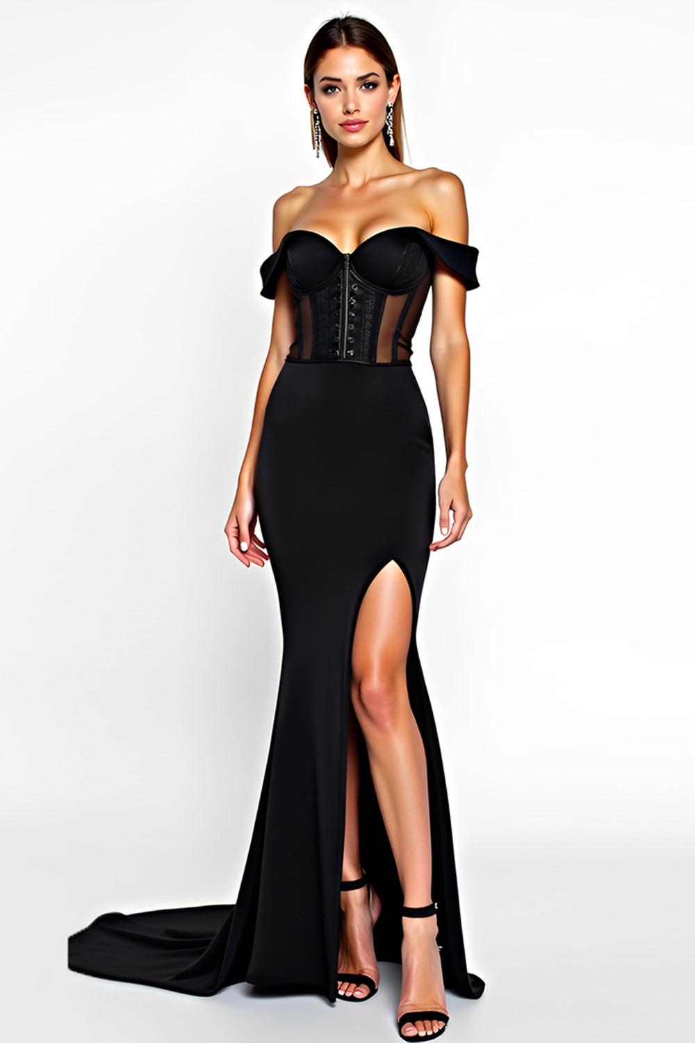 Off the Shoulder Black Sheath Long Graduation Dress with Slit