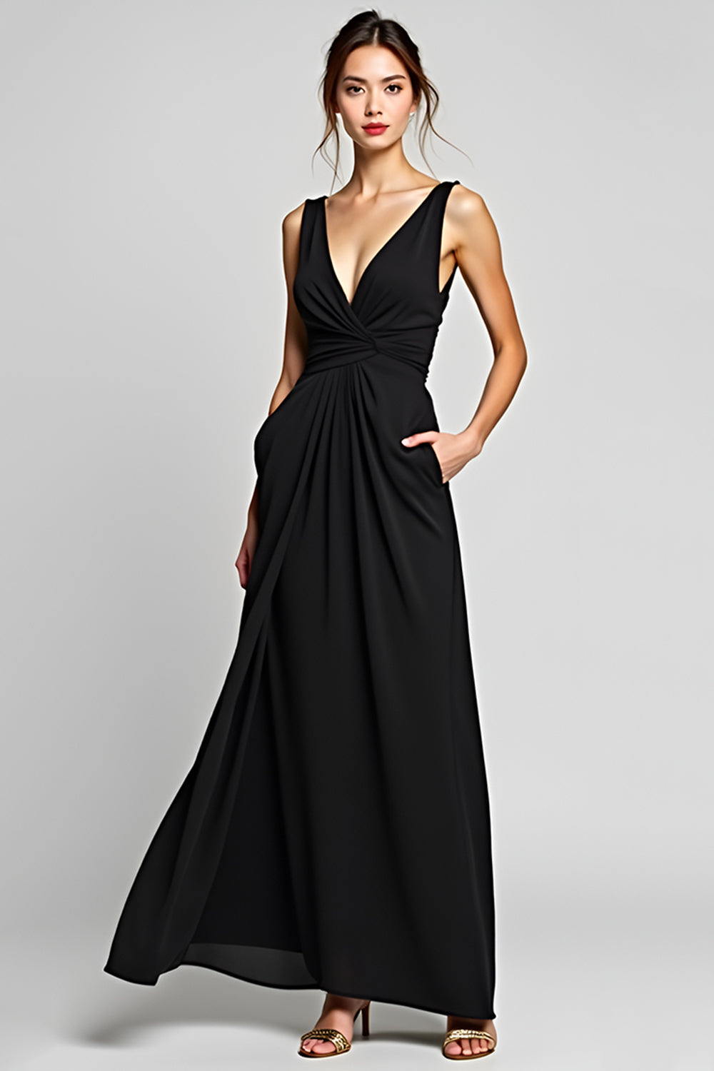Long Chiffon Black A Line Deep V-Neck Ruched Graduation Dress