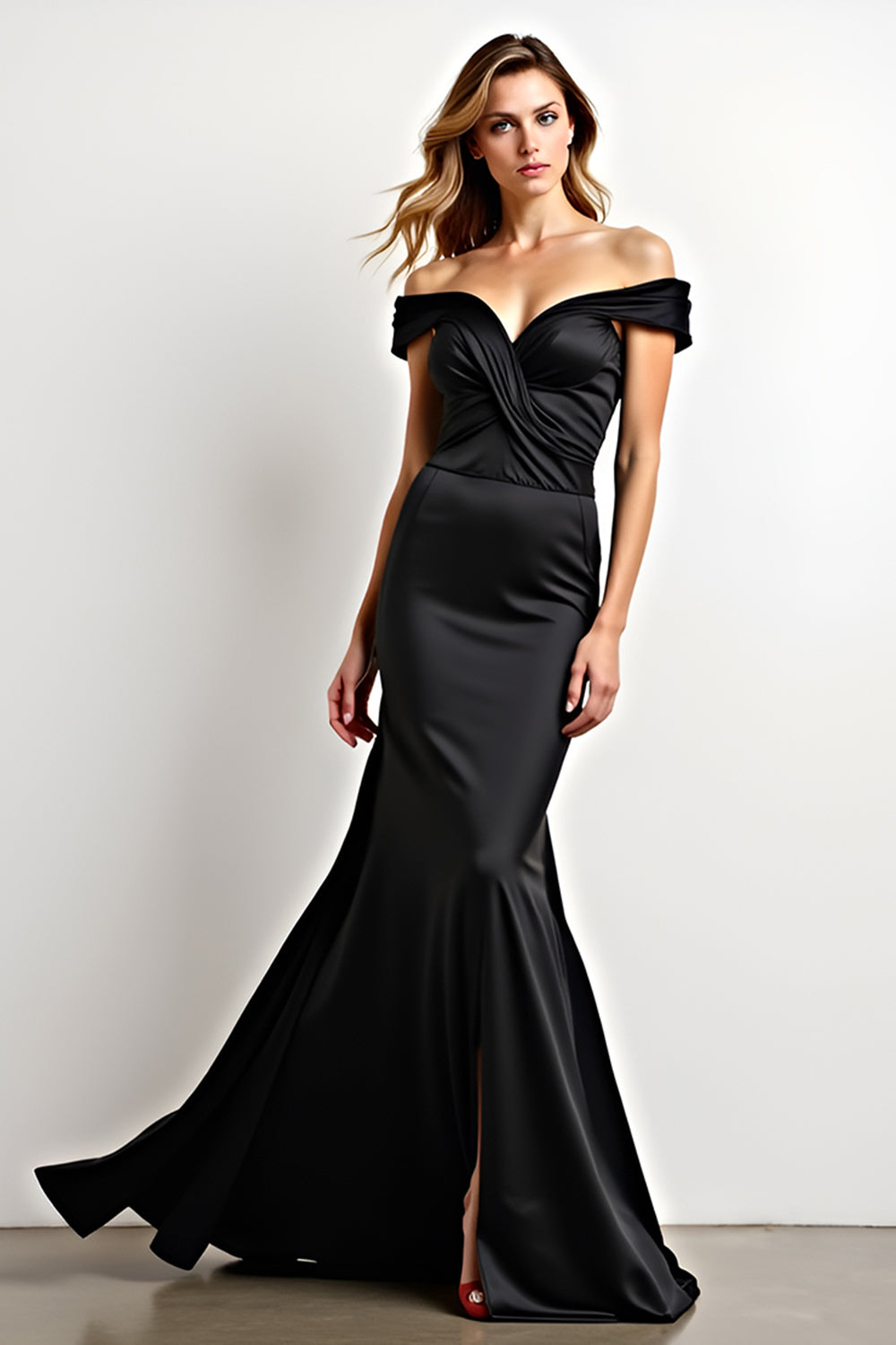 Off the Shoulder Ruched Black Mermaid Long Graduation Dress