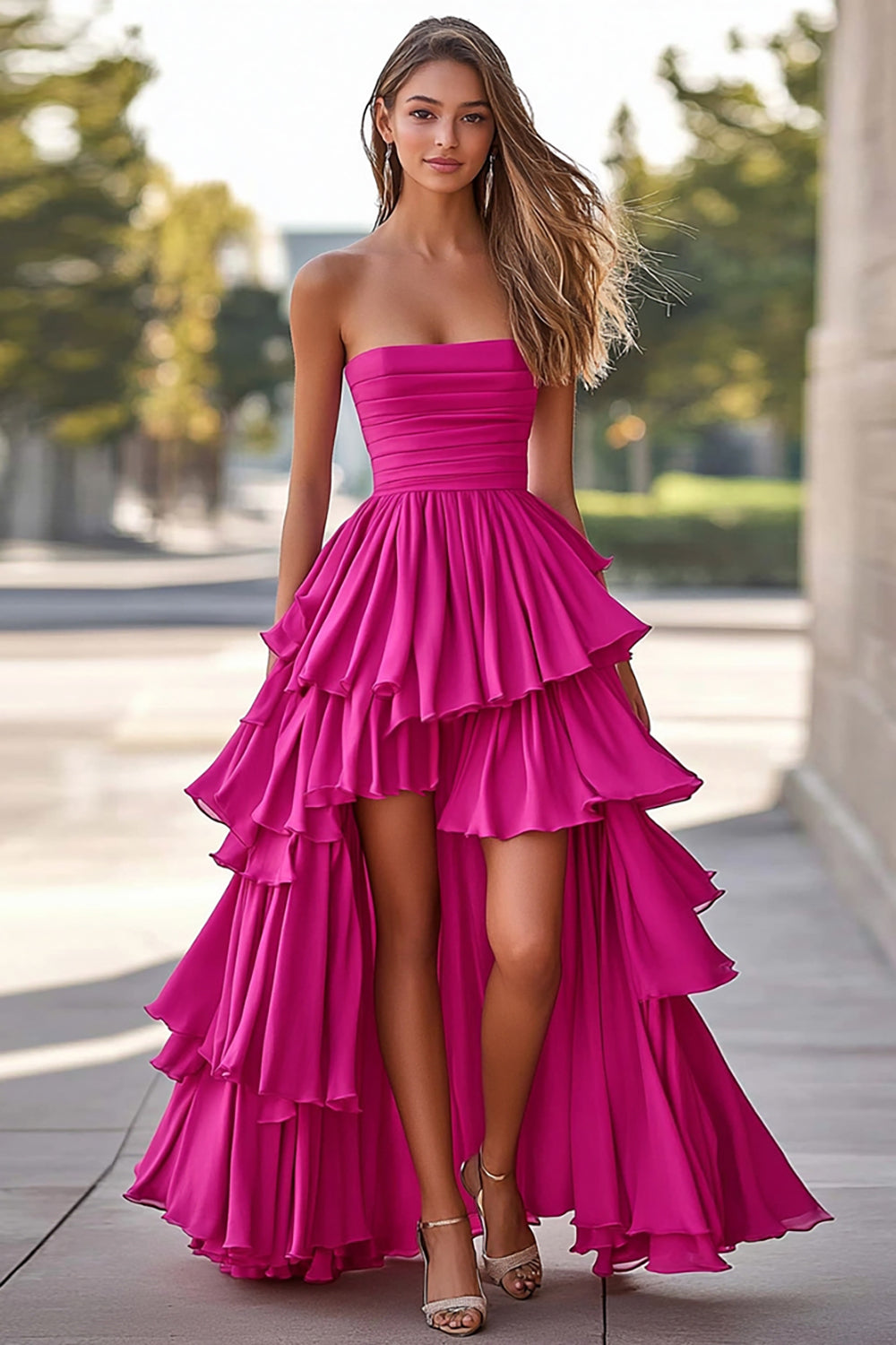 Tiered Strapless Fuchsia Asymmetrical High-Low Prom Dress