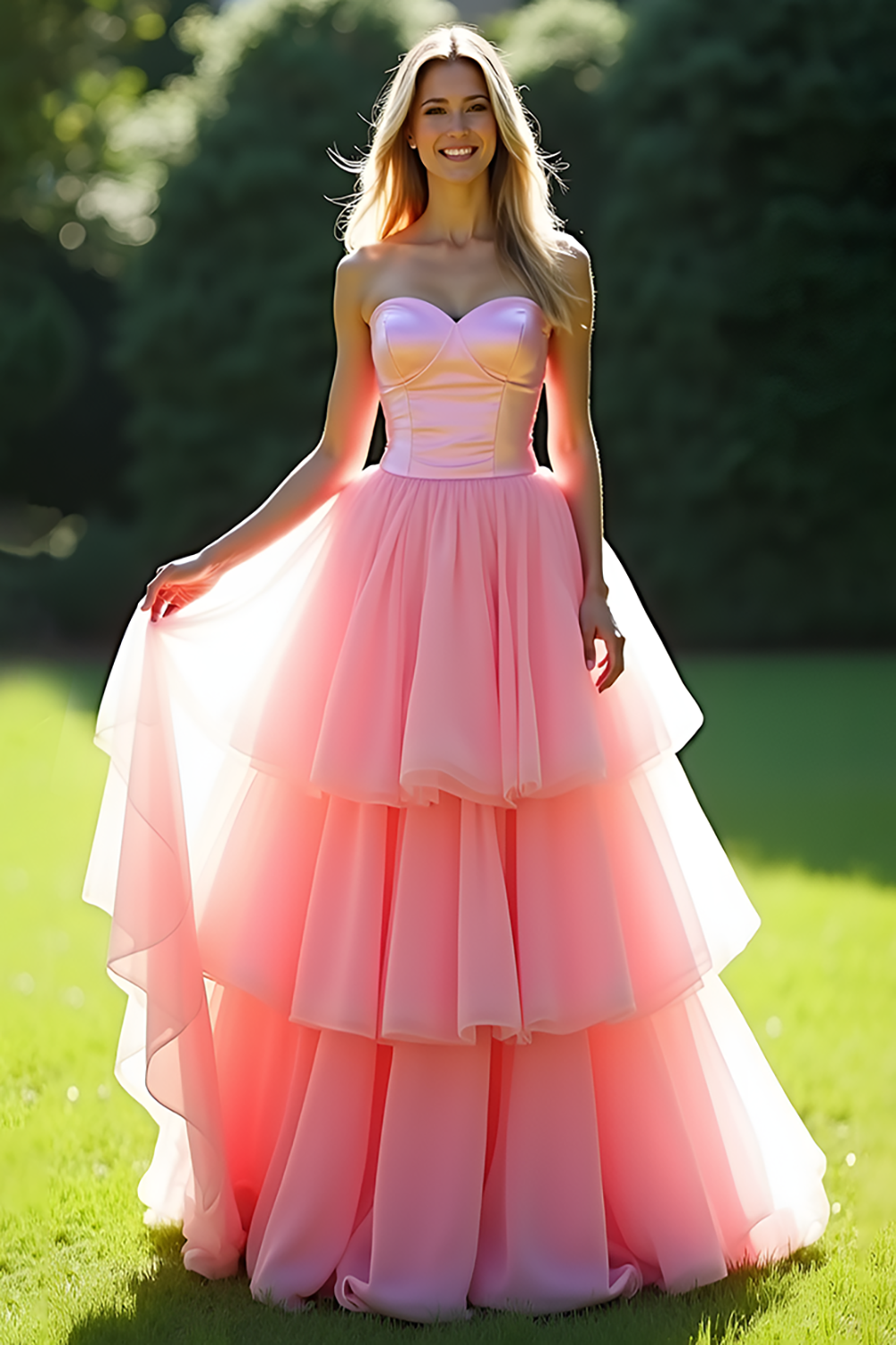 Sweetheart Tiered A Line Pink Long Prom Dress
