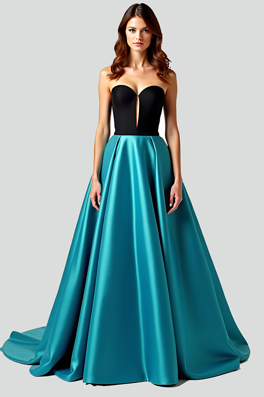 Peacock Blue Black A Line Strapless Ruched Long Prom Dress