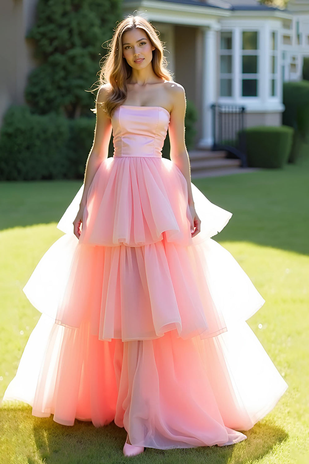 Pink Ball Gown Tiered Strapless Long Prom Dress with Ruffles