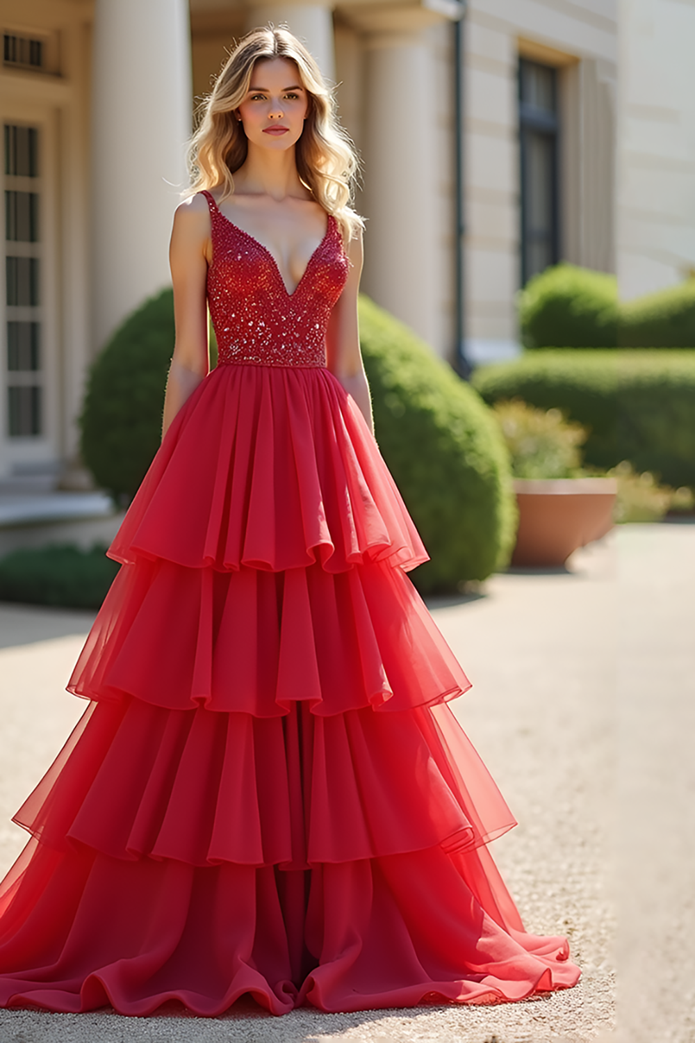 Ruffled A Line Red Tiered Long Prom Dress with Beading