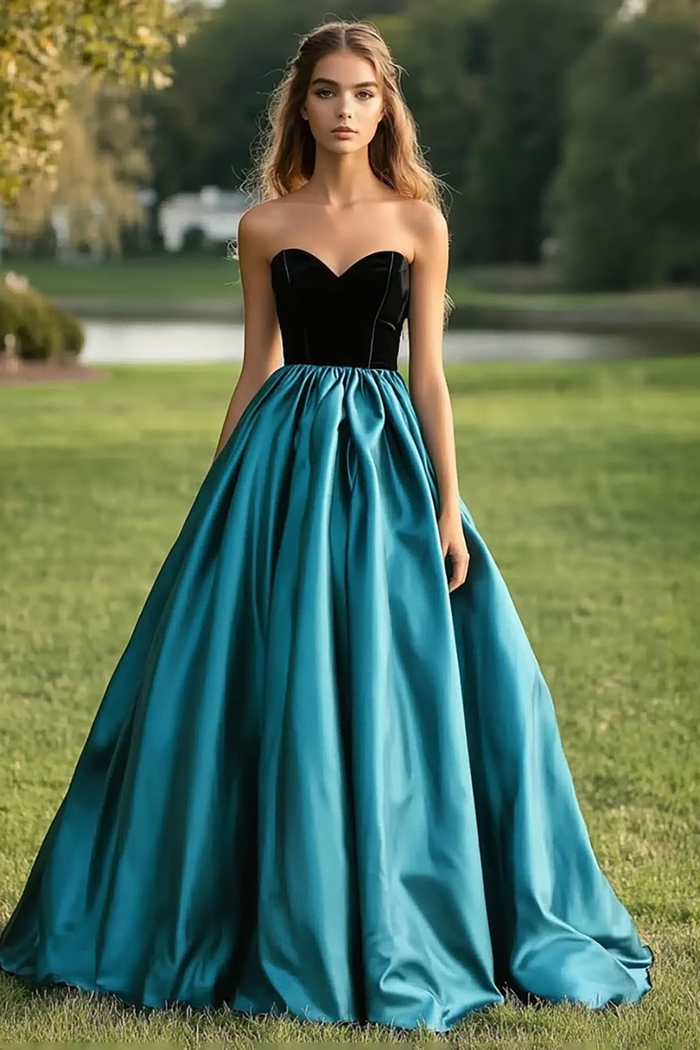 Black Peacock Blue Satin Ruched Long Ball Gown Prom Dress