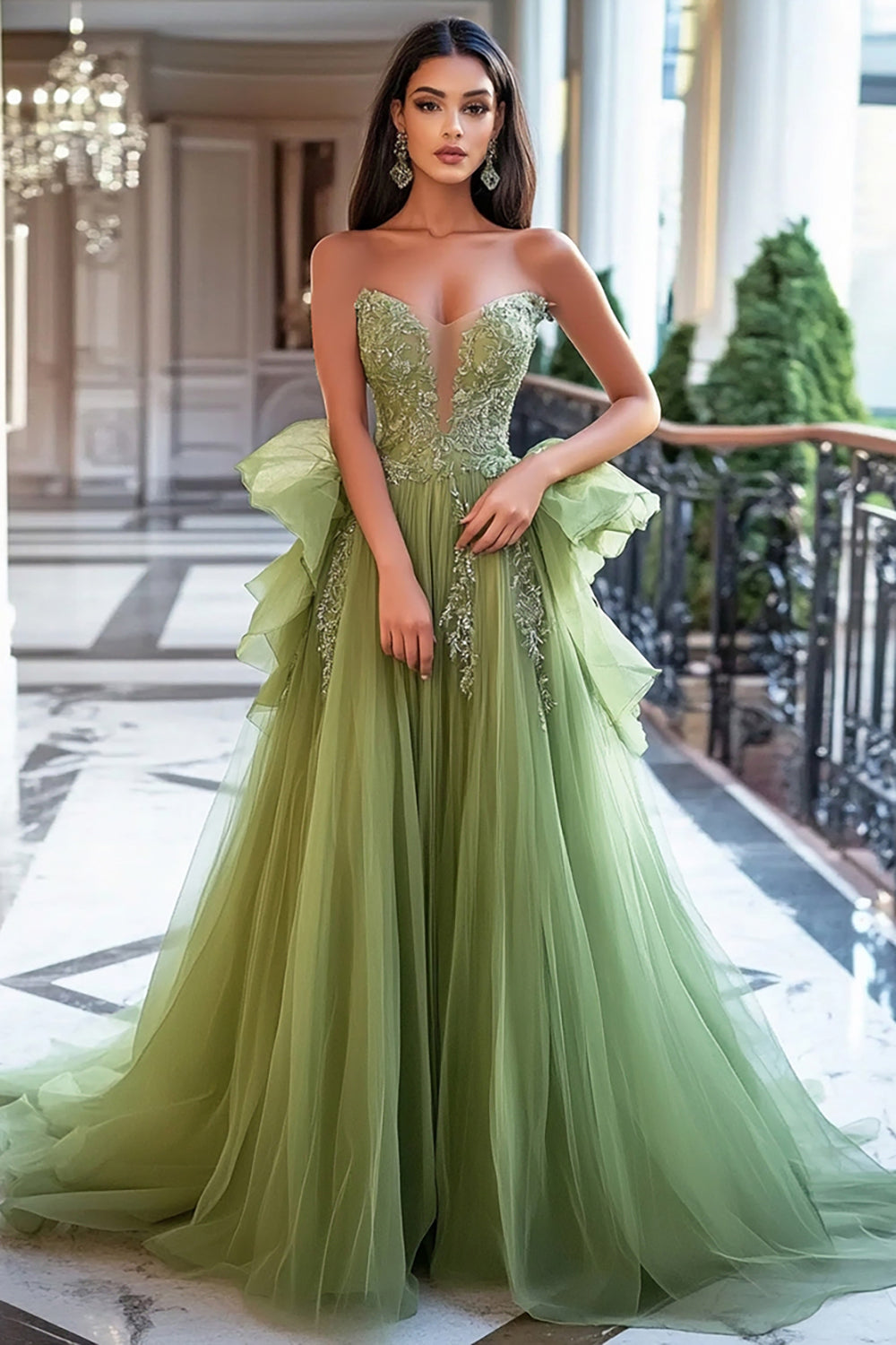 Tulle Long A Line Dusty Sage Appliqued Prom Dress with Lace