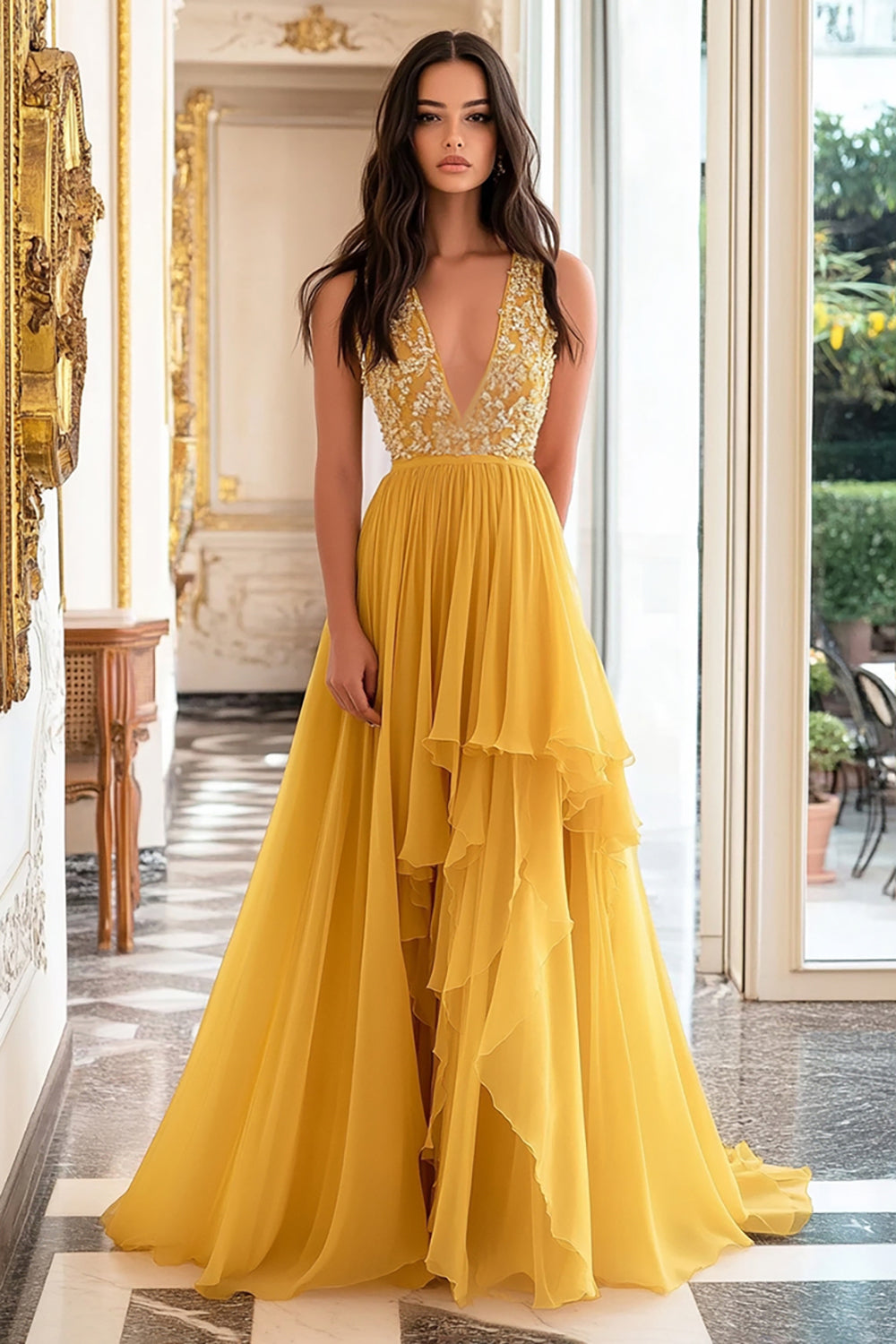 Deep V-Neck A Line Yellow Long Prom Dress with Appliques