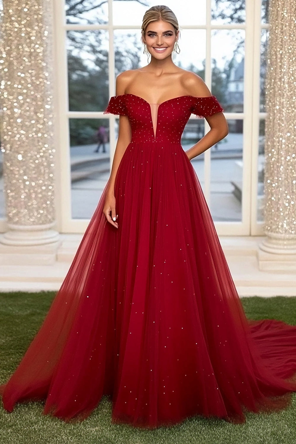 Off the Shoulder Long Beaded Burgundy Prom Dress