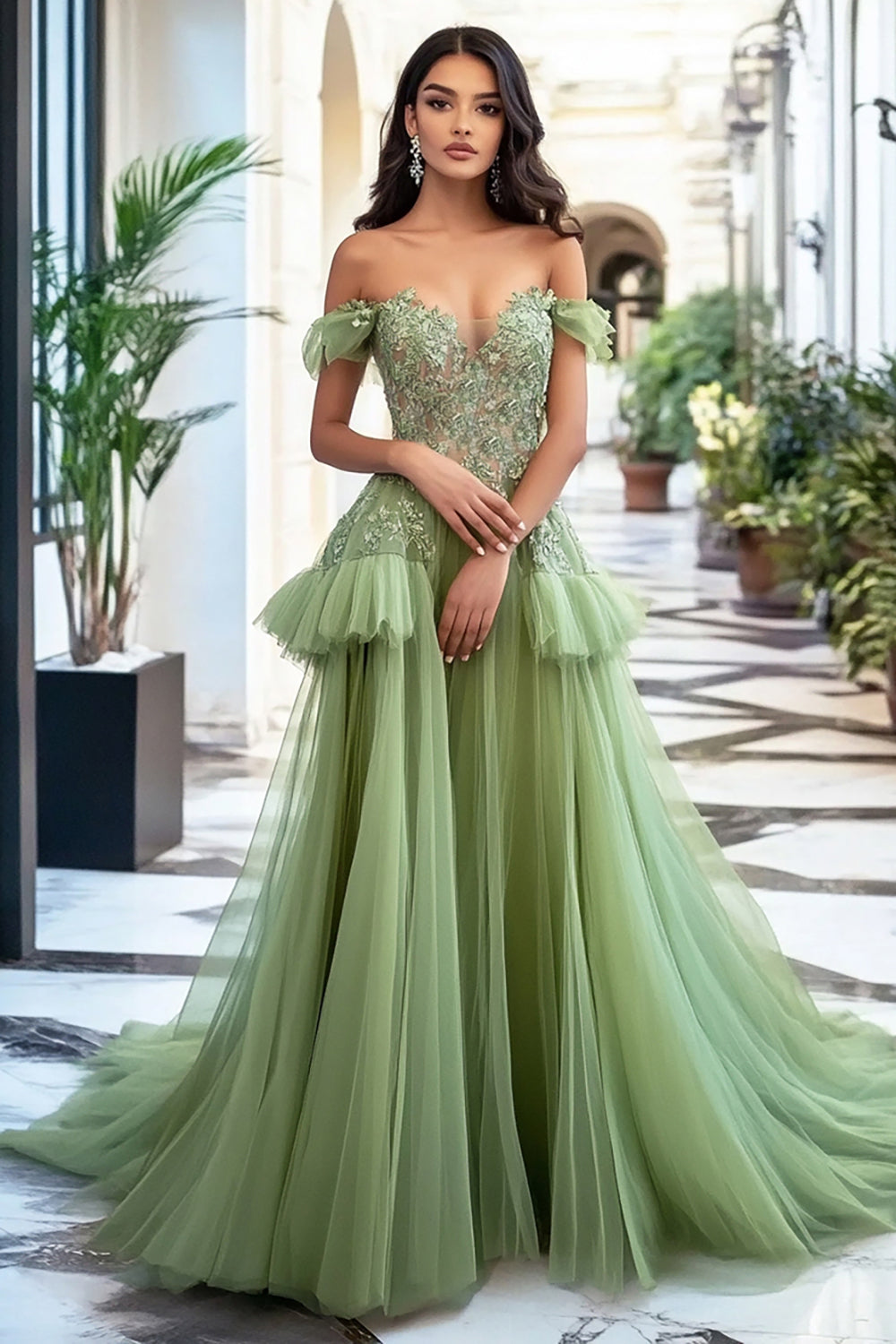Off the Shoulder Long Appliqued Dusty Sage Prom Dress