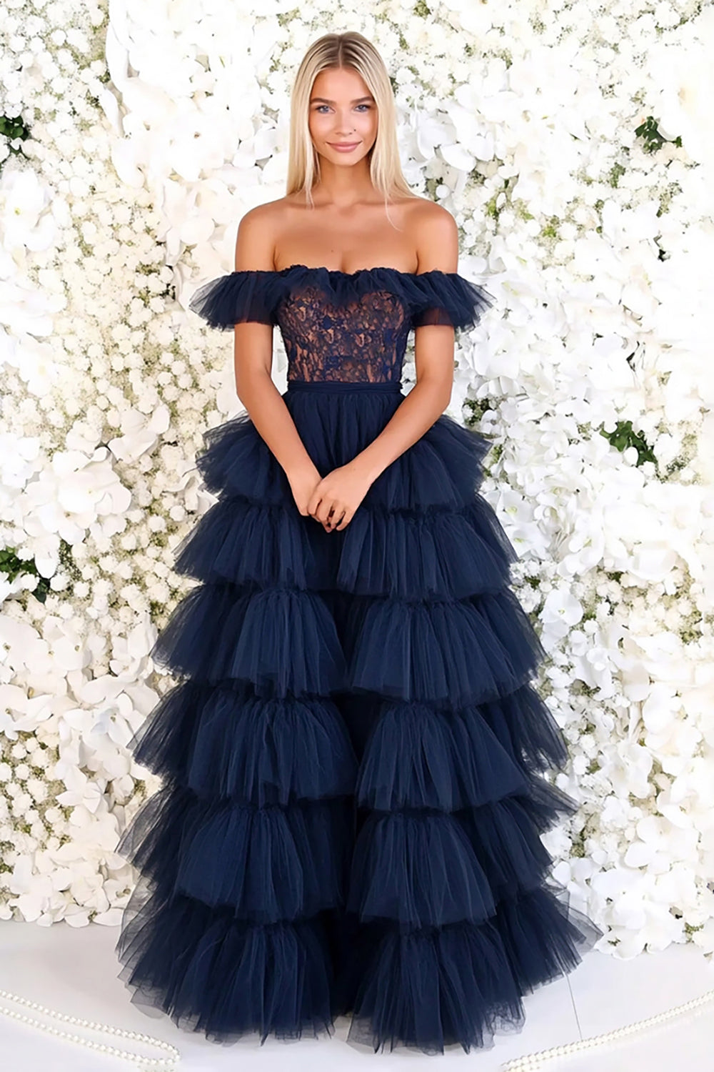 Off the Shoulder Navy Tulle Long Prom Dress with Lace