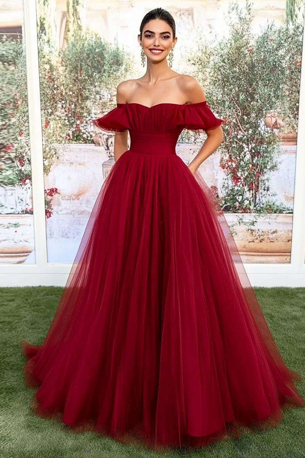 Ball Gown Off the Shoulder Burgundy Tulle Long Prom Dress