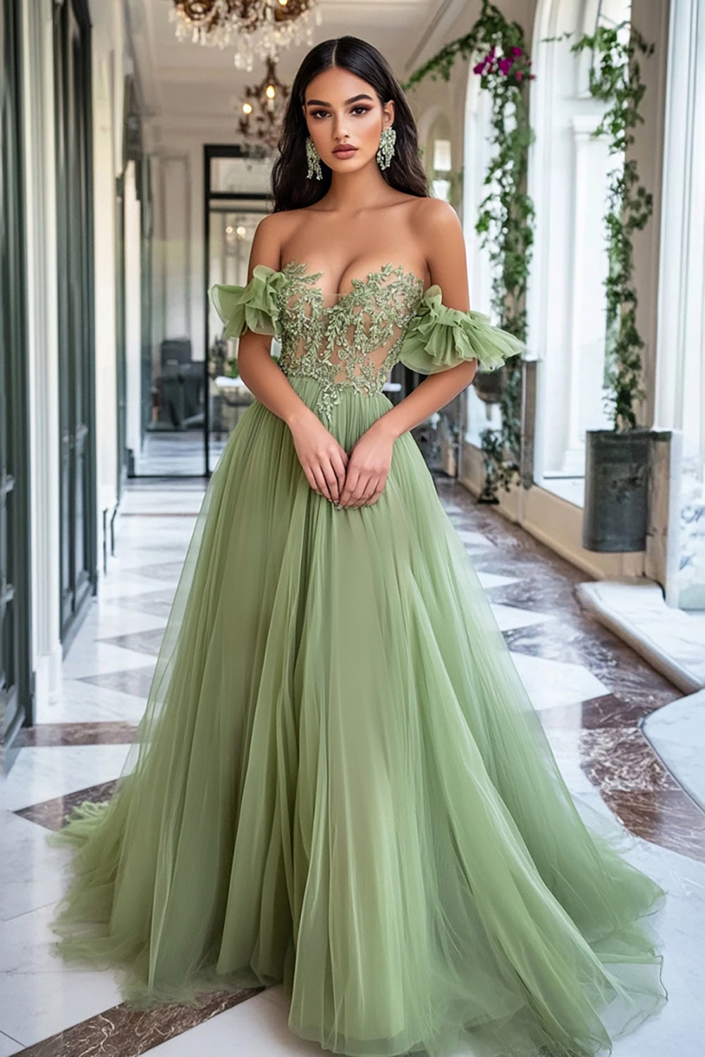 A Line Off the Shoulder Dusty Sage Tulle Long Prom Dress with Appliques