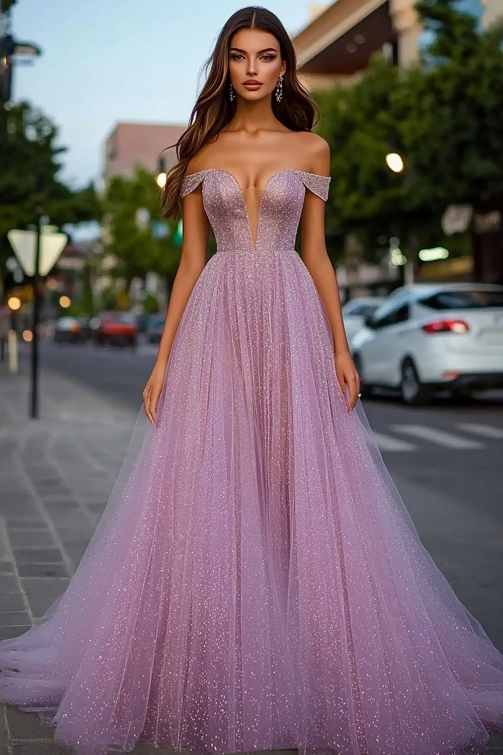 A Line Tulle Sparkly Dusty Rose Long Prom Dress with Beading