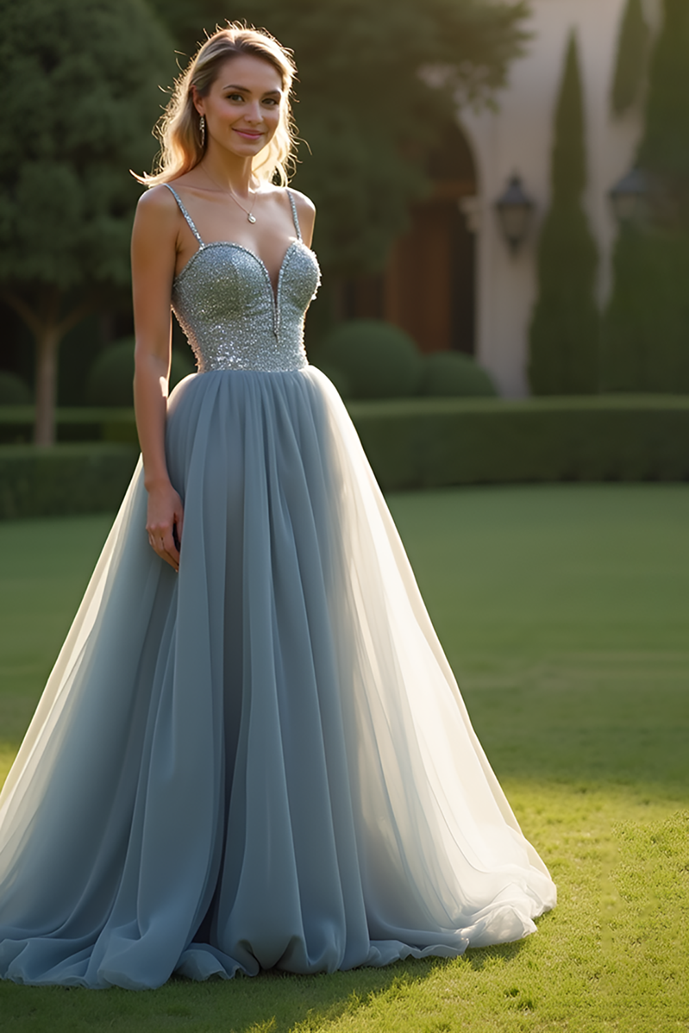 Tulle Spaghetti Straps Sparkly Grey Blue Long Prom Dress with Beading