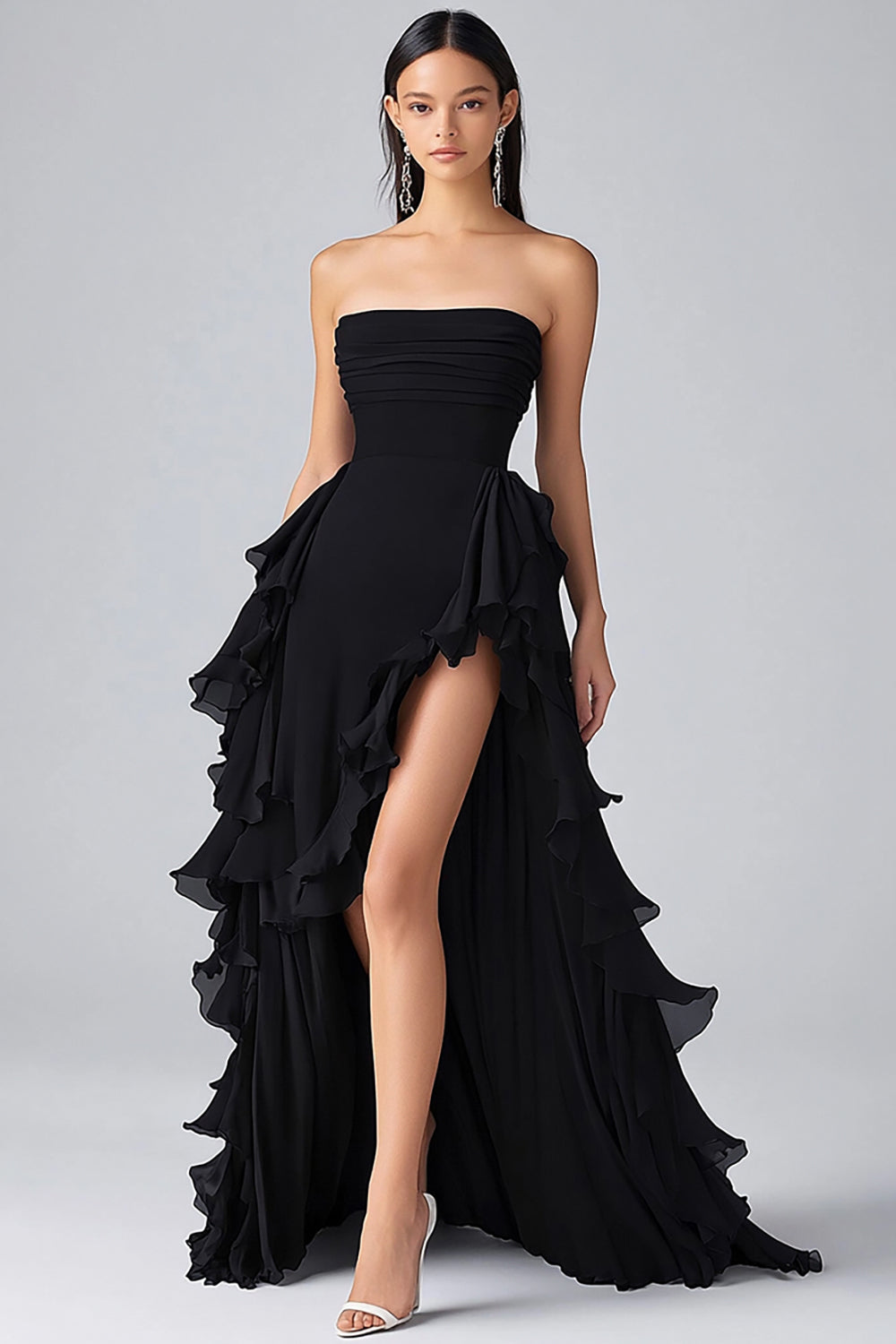 Black Strapless Ruffled Long Chiffon Formal Dress with Slit
