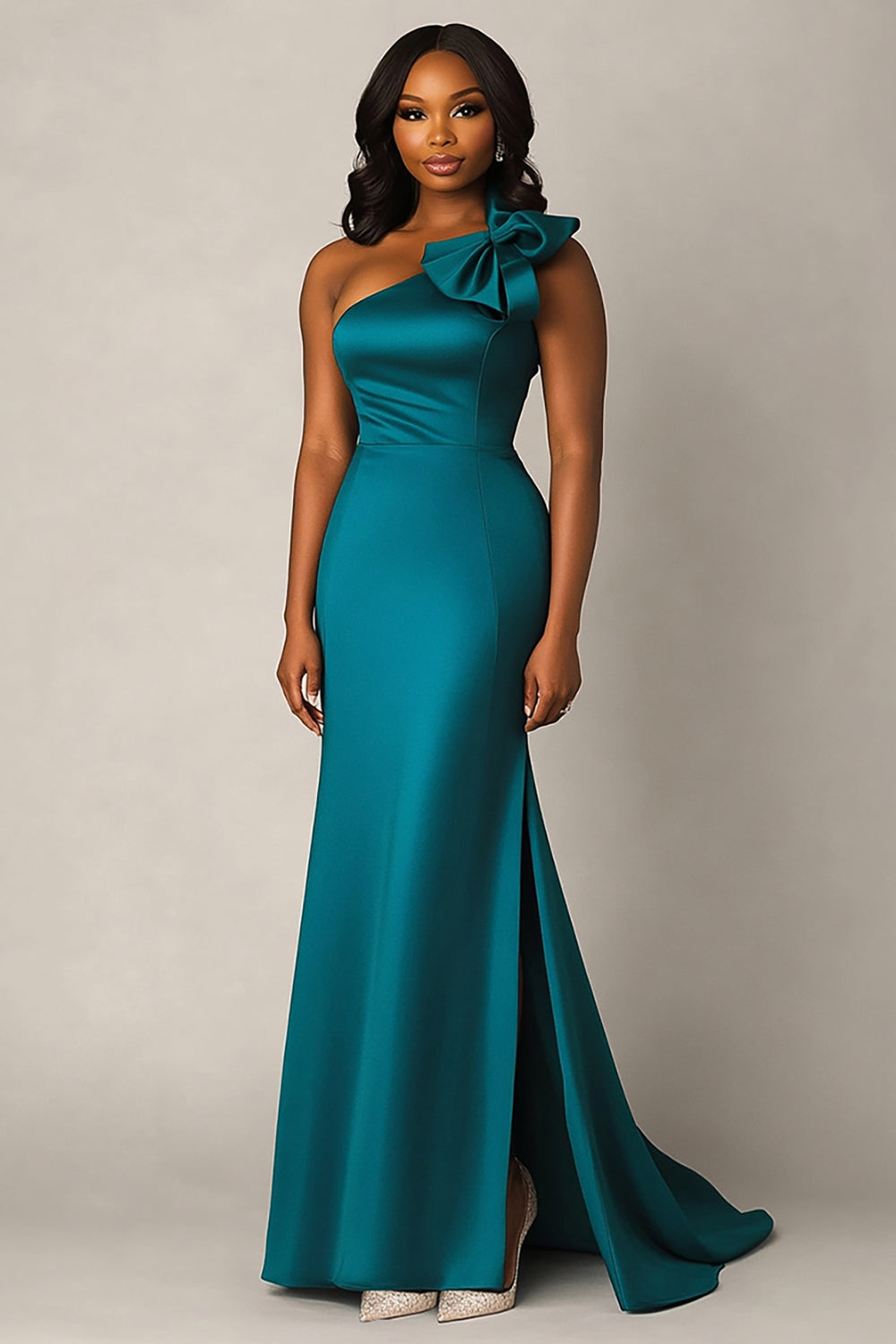 One Shoulder Peacock Satin Long Formal Dress with Bowknot