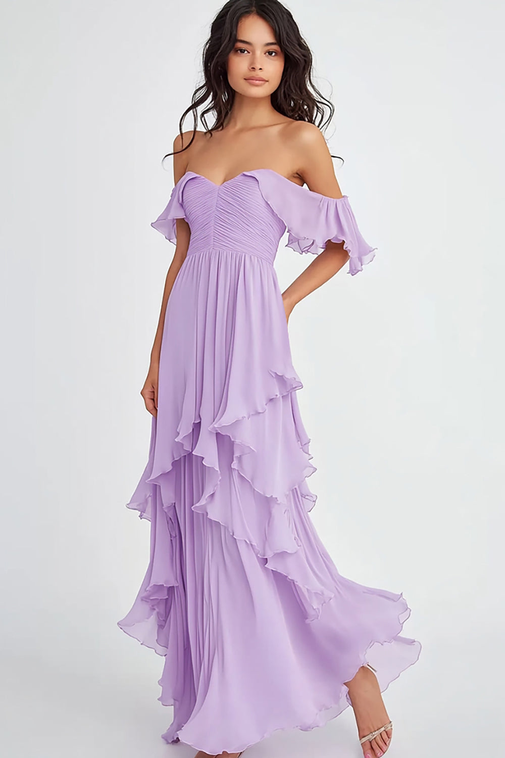 Off the Shoulder Lilac Ruffled Long Formal Dress