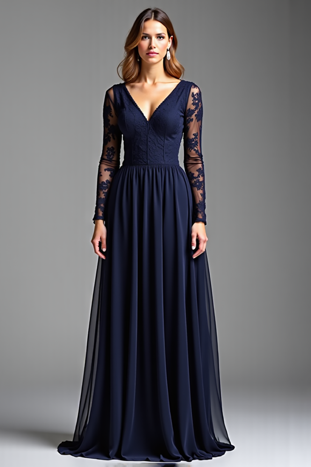 Navy Chiffon V-Neck Long Formal Dress with Long Sleeves