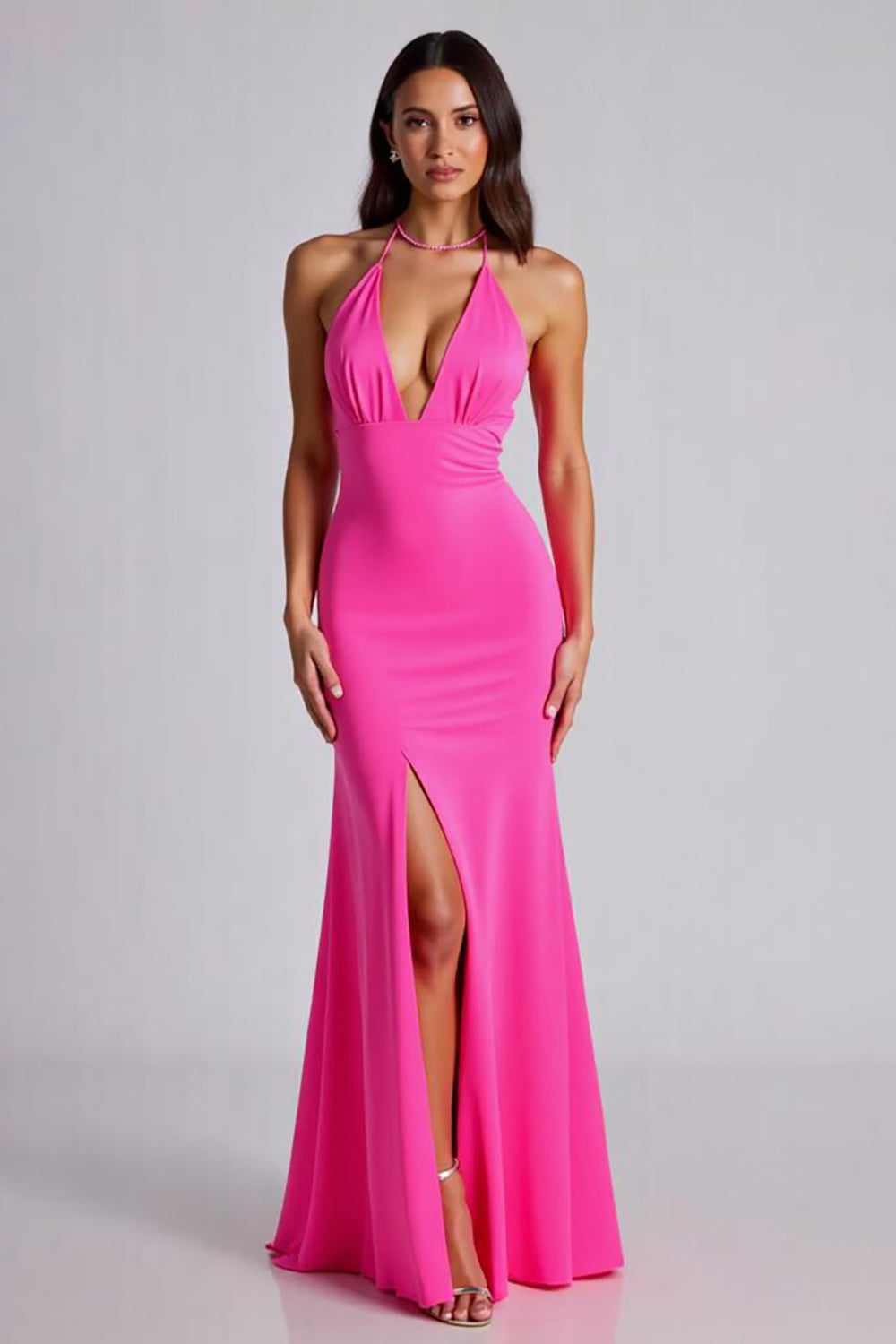 V-Neck Satin Fuchsia Mermaid Long Formal Dress with Slit