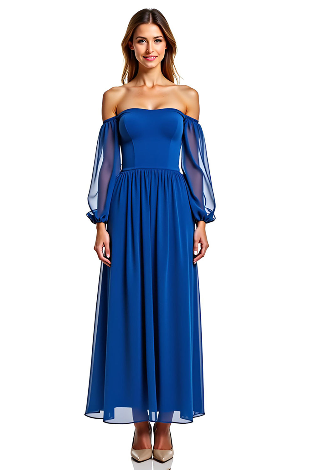 A Line Chiffon Royal Blue Long Formal Dress with Long Sleeves