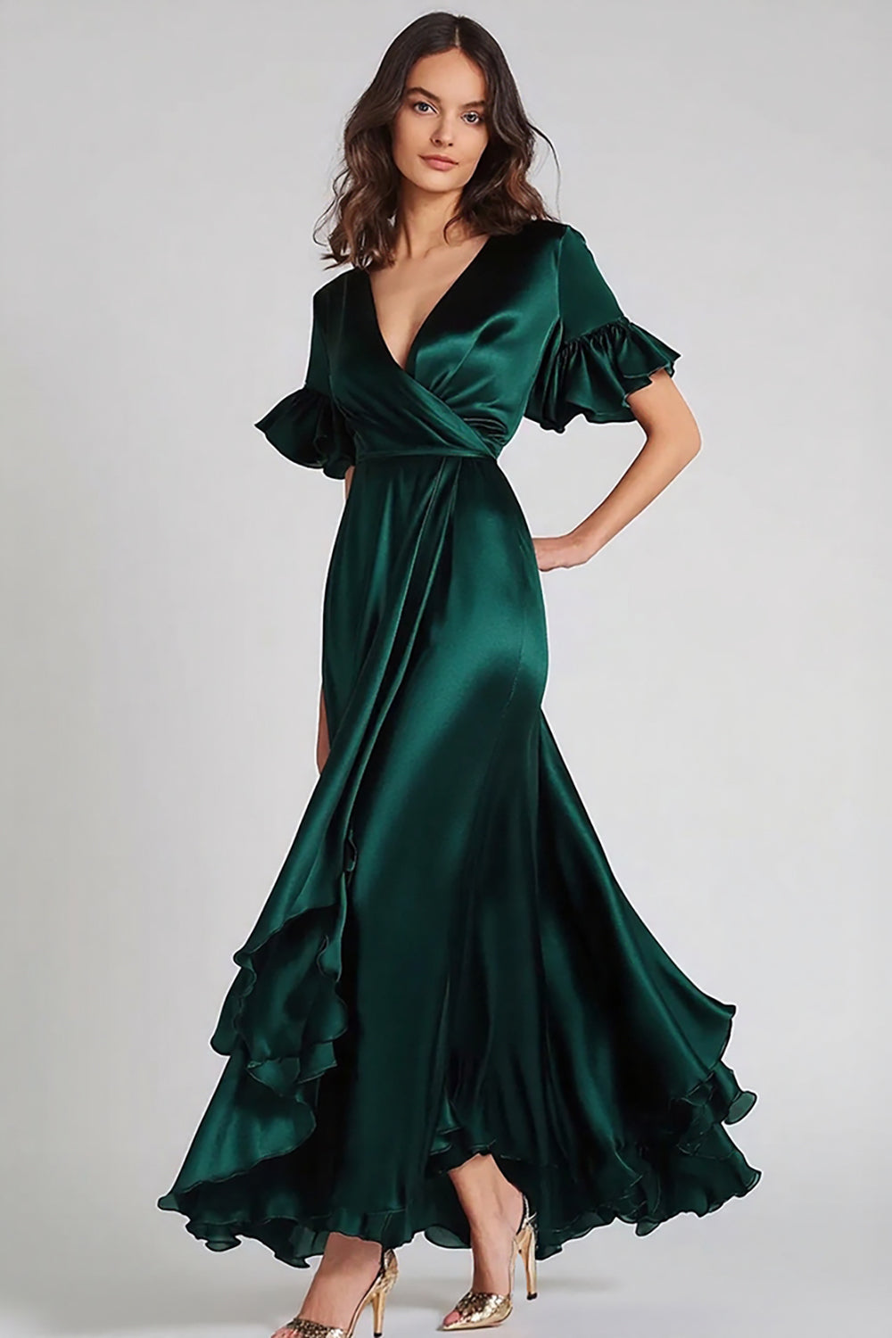 Dark Green V-Neck Satin Long Formal Dress with Ruffles