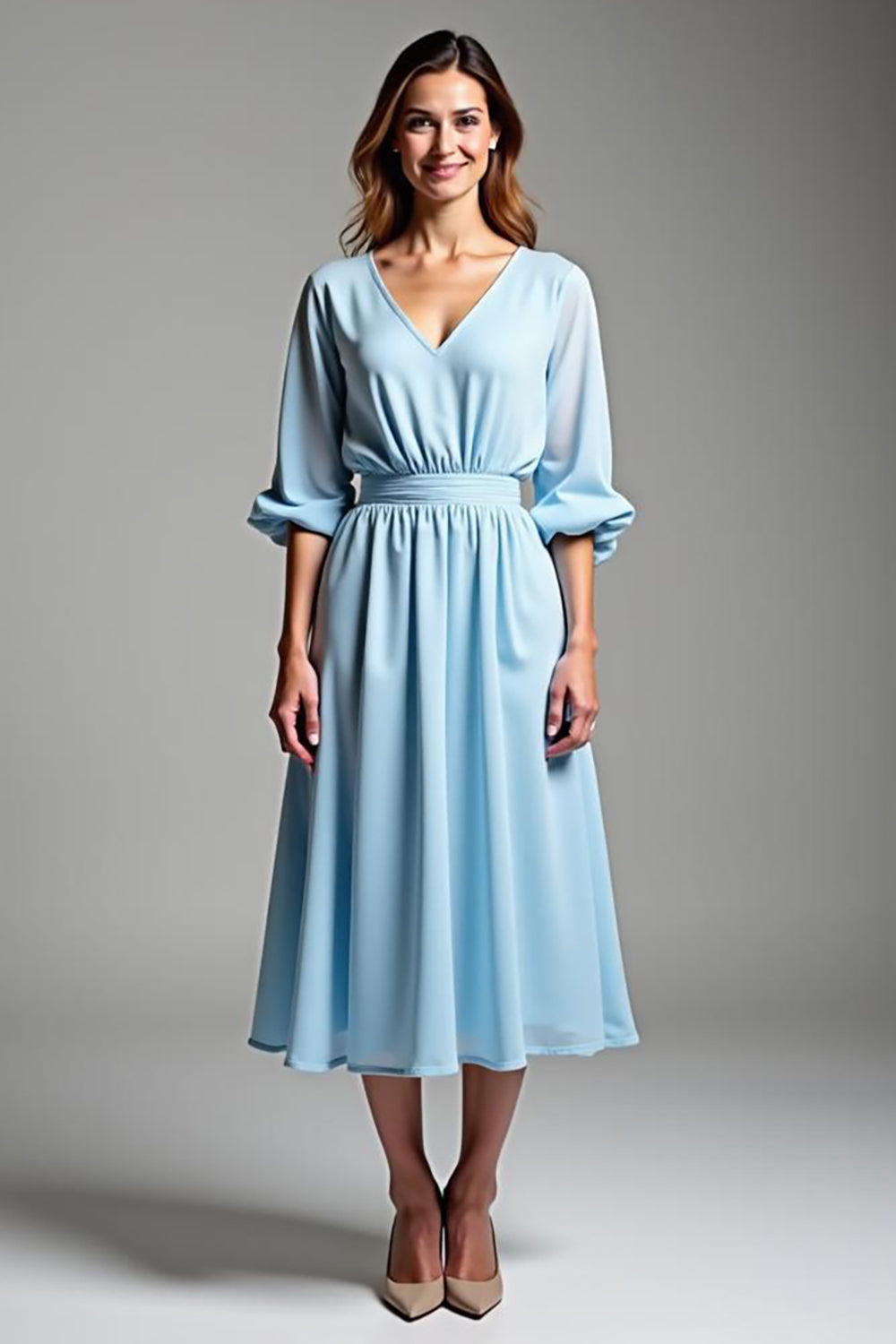Sky Blue V-Neck Knee-Length Formal Dress with Half Sleeves