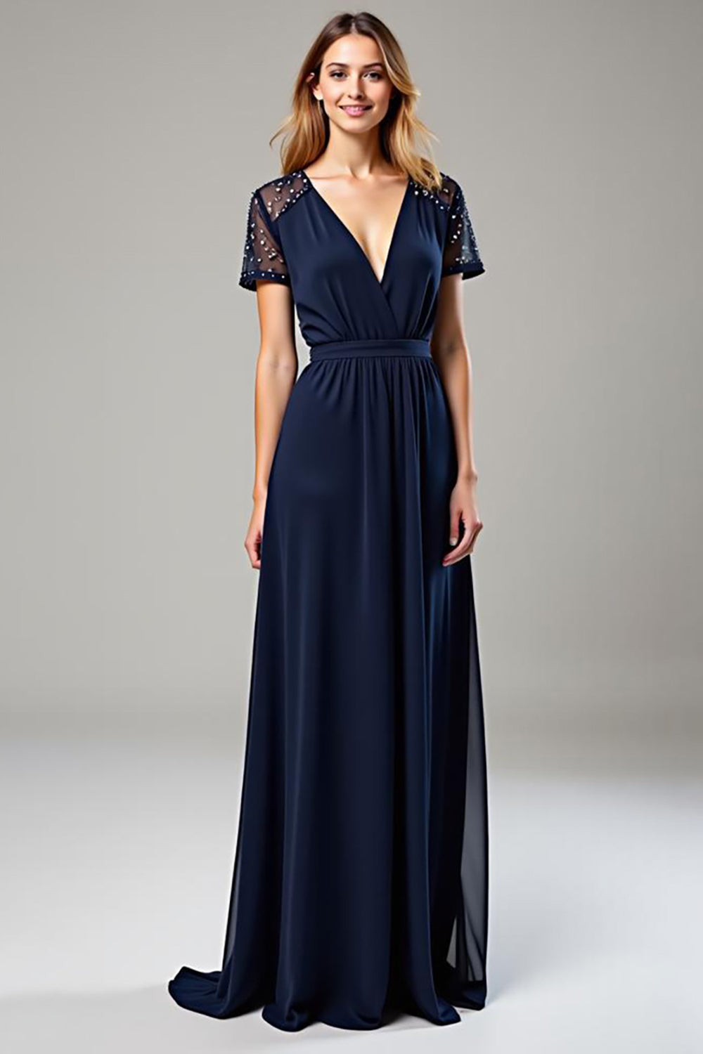 Navy Chiffon Deep V-Neck Long Formal Dress